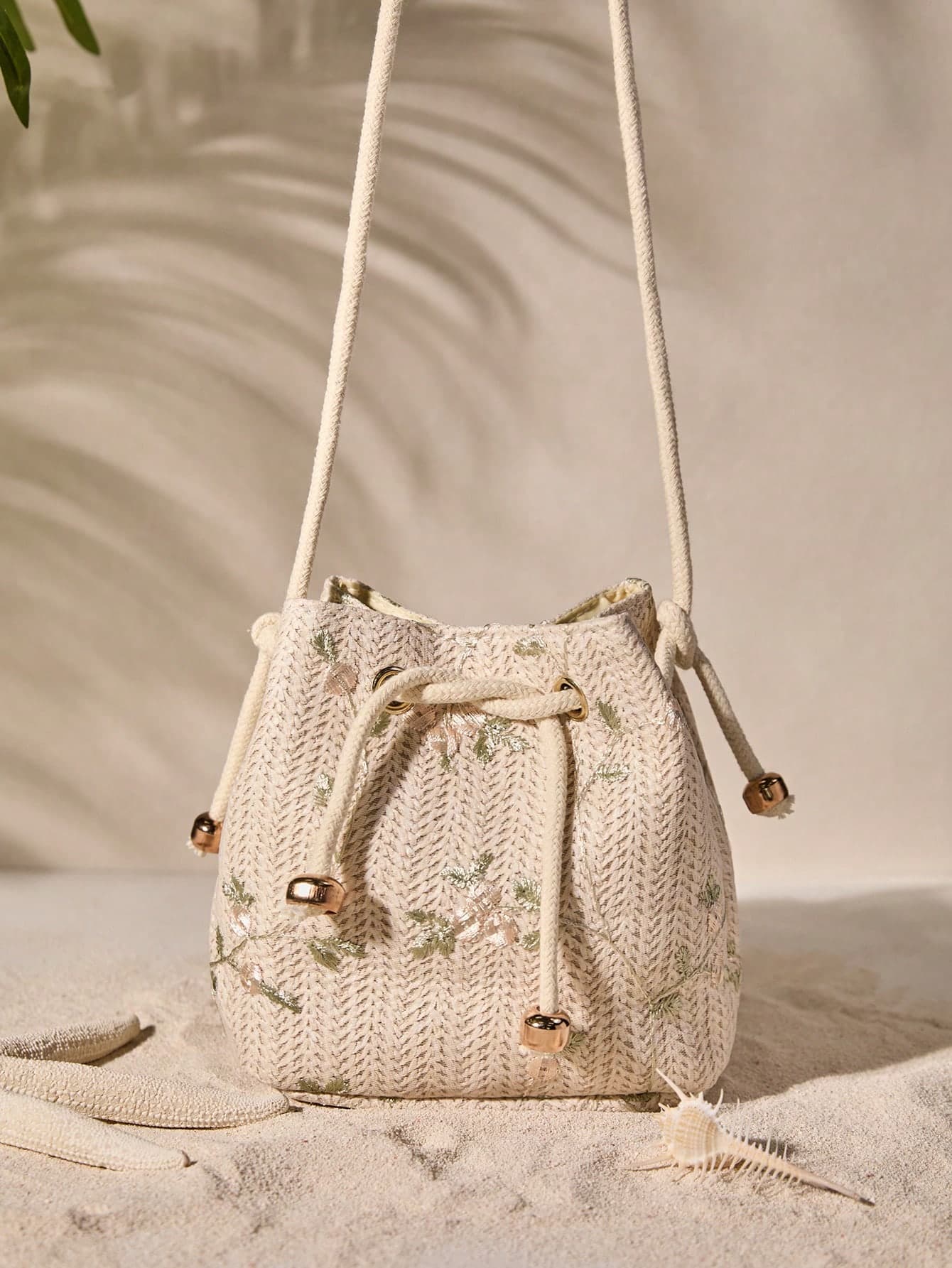 Tropiscape Mini Floral Embroidered Drawstring Detail Vacation, Straw Purse, White Straw Beach Bag,