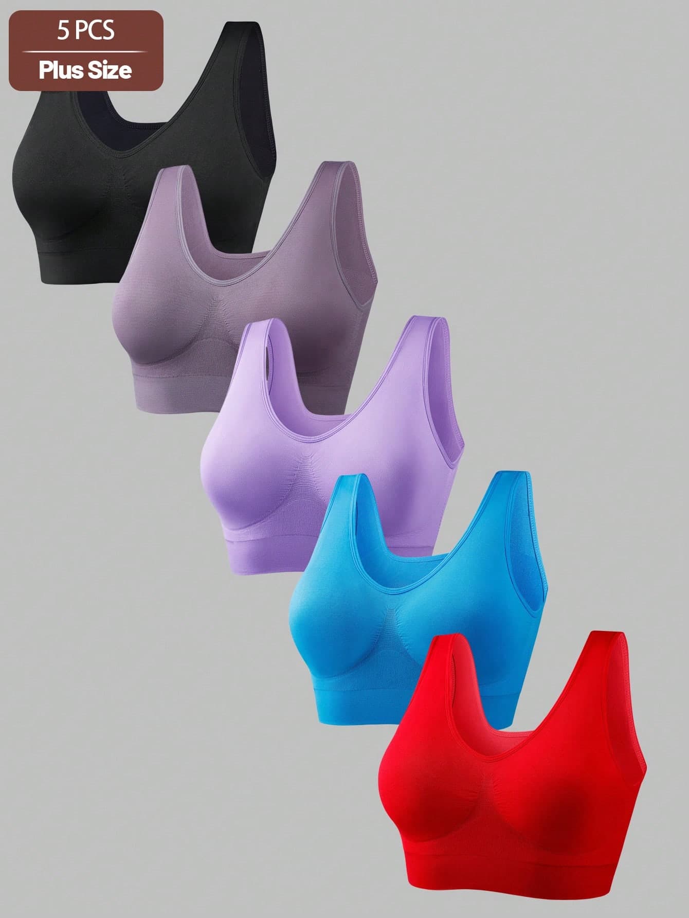 5pcs/Set Solid Color Seamless Plus Size Sports Bras, 5 Colors
