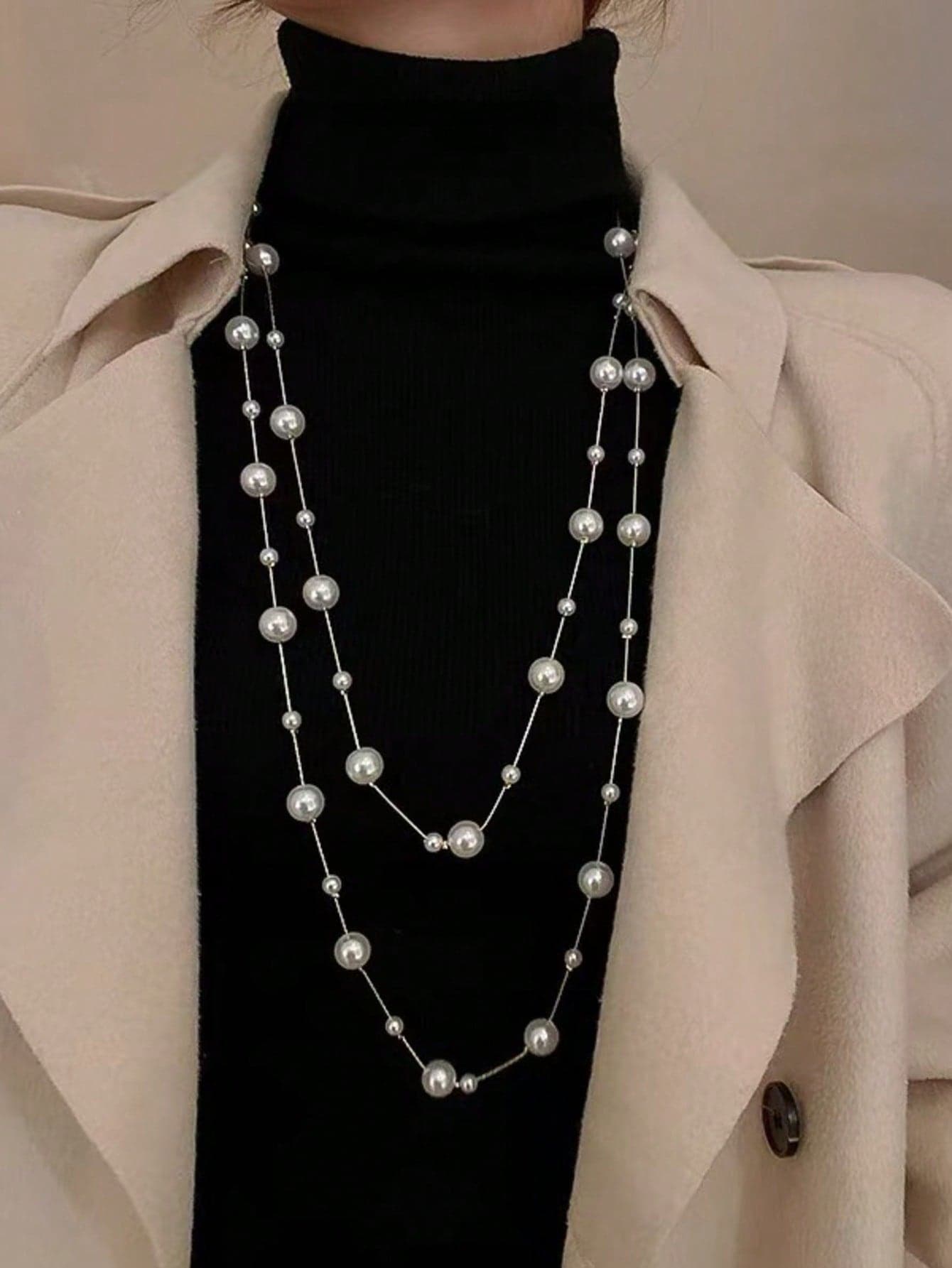 1pc Long Faux Pearl Layered Necklace For Women, Suitable For Party And Daily Wear, Jewelry Gift