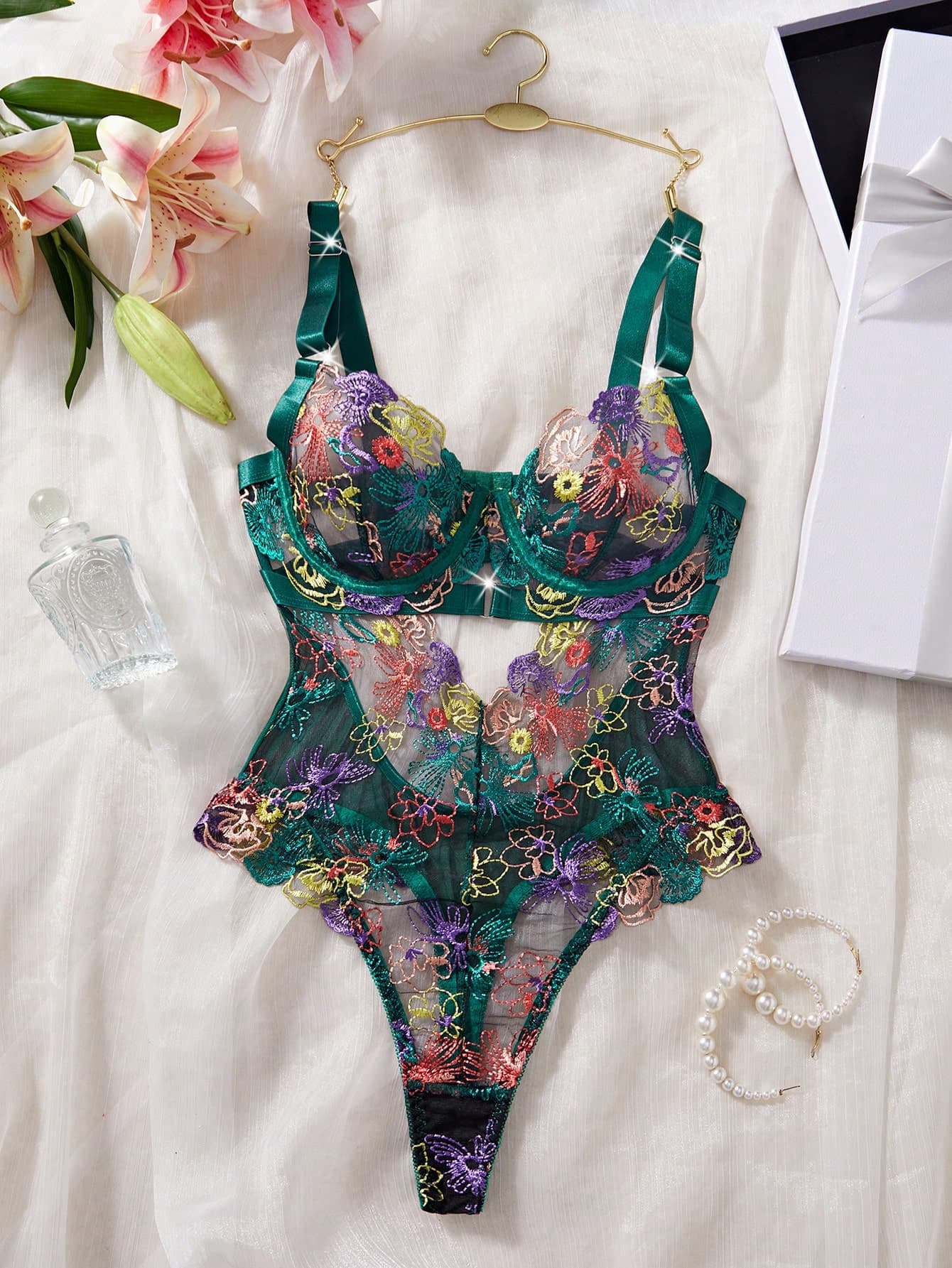 1pc Women Sexy Floral Embroidered Mesh Lingerie Jumpsuit, Rave