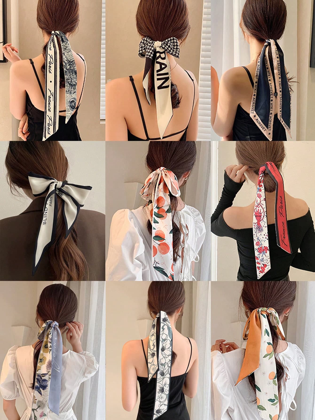 9pcs Women Elegant Floral, Fruit And Letter Printed Black & White Hair Scrunchies, Fashion Versatile Hair Accessories Suitable For Daily Styling, Washing And Matching Outfits Hair Band Turban Headband Sweatband, Hair Bands Fall Winter For Vacation Outfits Woman Elegant Scarf Women Bandanas Soft Headwrap Summer Outfits