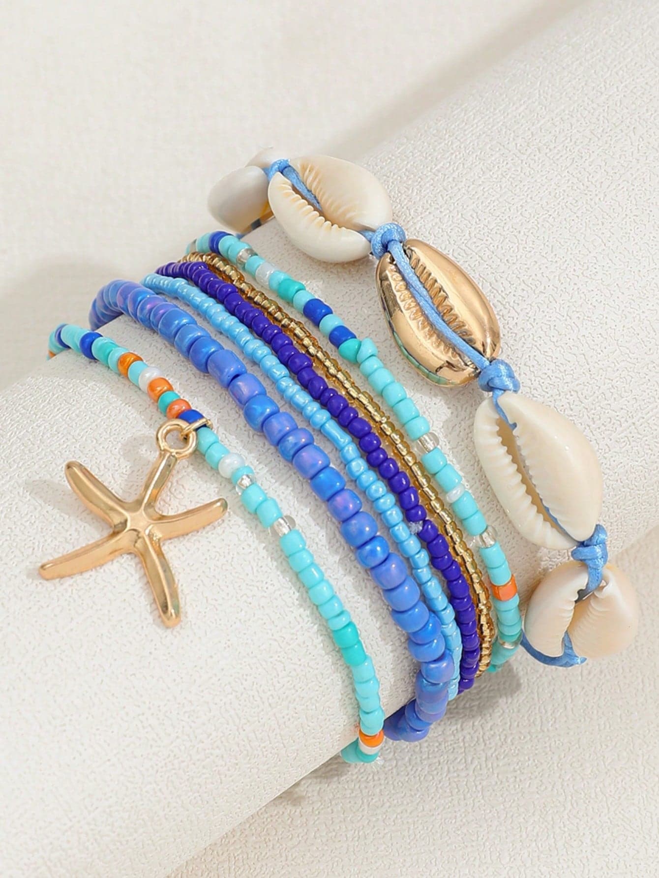 7pcs/Set Boho Style Shell Beaded Bracelet With Starfish Charm, Random Color Bead Mix, Women Bracelet Set