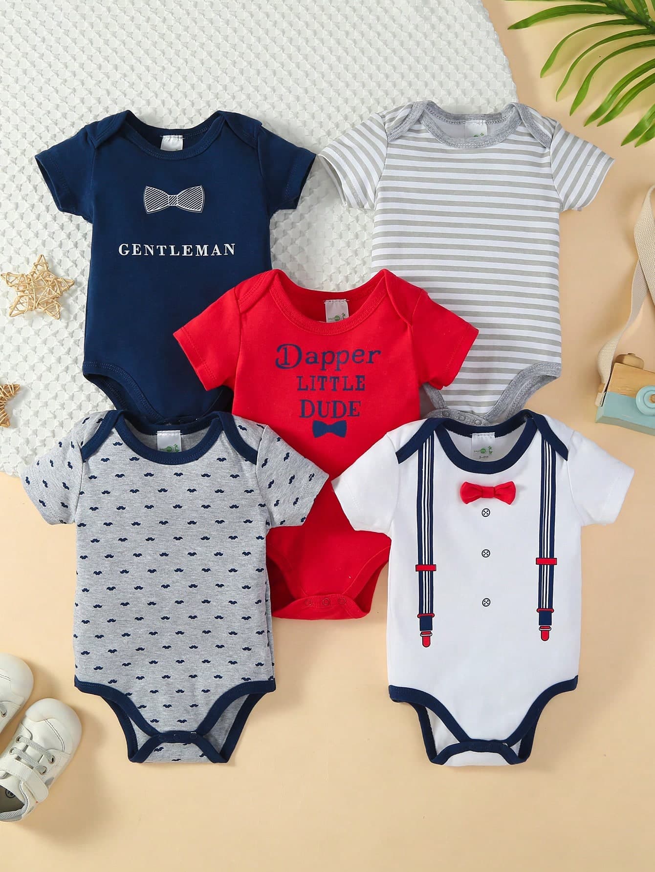 Baby Boy 5pcs New Style Bowknot, Letter & Moustache Printed Triangle Bodysuit Set