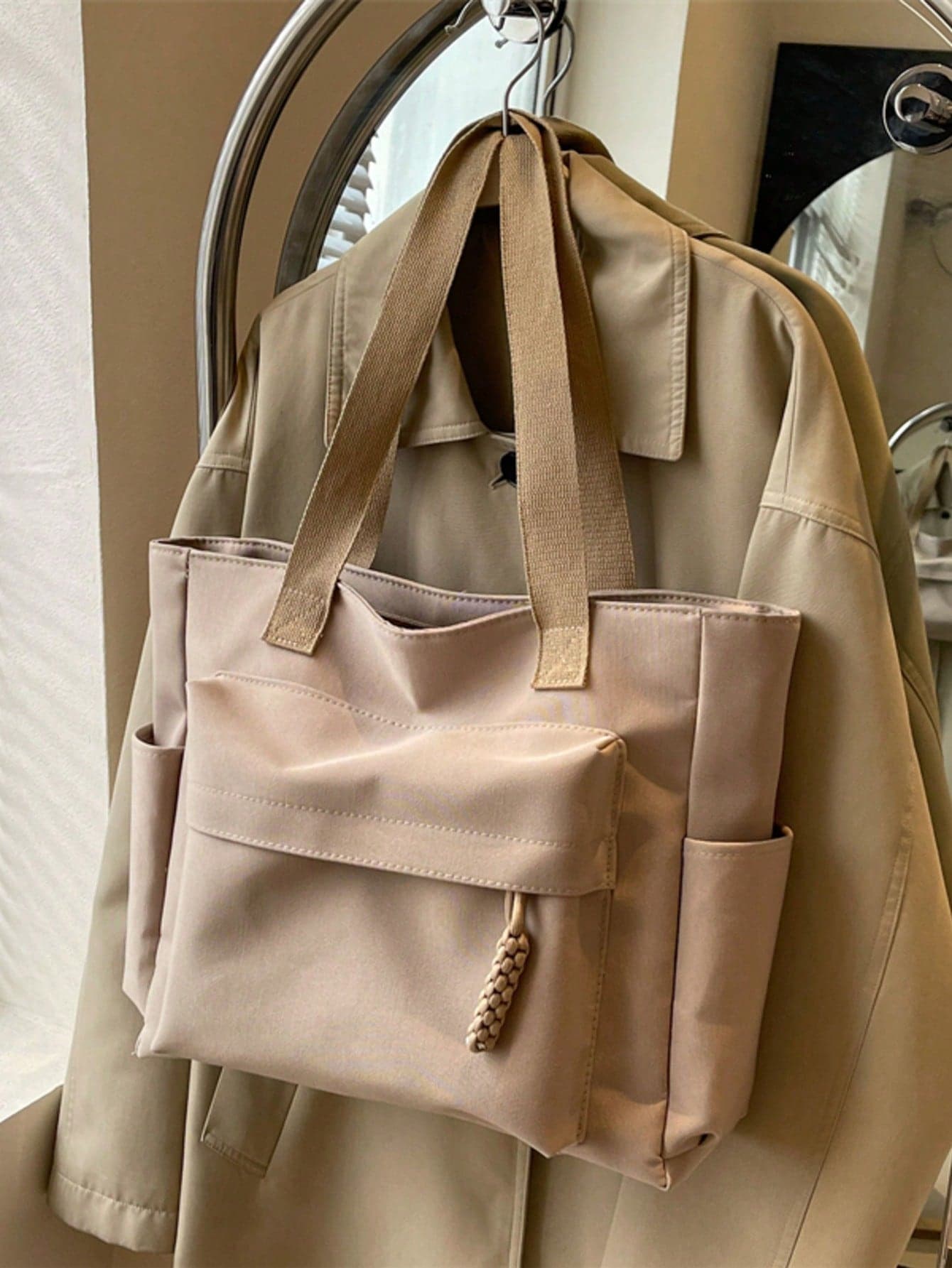 1pc Beige Nylon Shoulder Tote Bag, Minimalist, Lightweight, Large Capacity, Women's Shoulder Bag, School/College Casual Handbag, Multi-Pockets