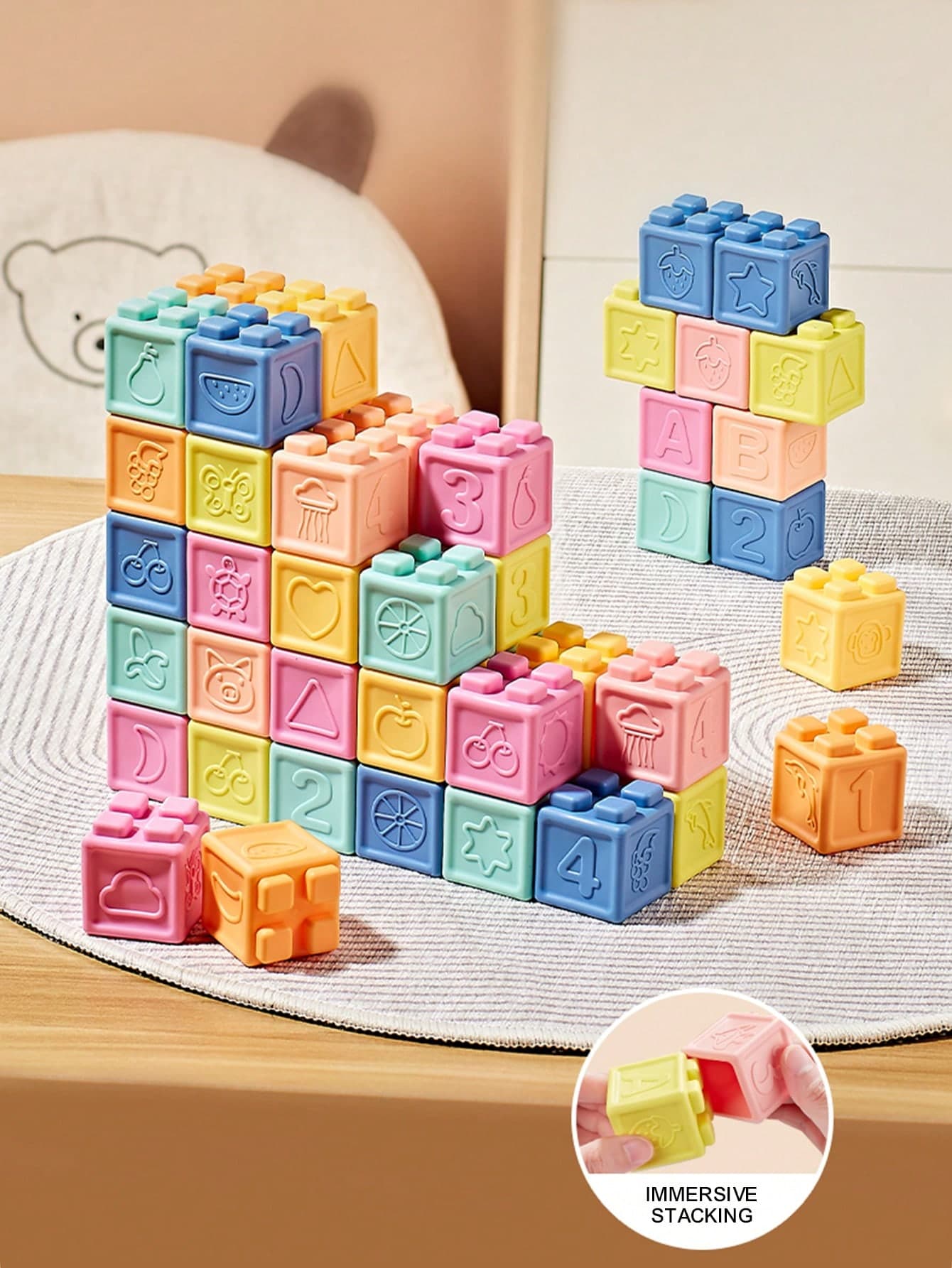 A Baby Blocks,Toddler Blocks,Stacking & Building Toys For Babies, 8/16/24/32 Soft & Educational Blocks- Numbers, Shapes, Baby Blocks For Baby Shower,Colors, Animals- One Two Squeeze- 6 Months +,Stacking Toys For Toddlers 1-3,Random Color,For Back-To-School Season, Halloween, Christmas