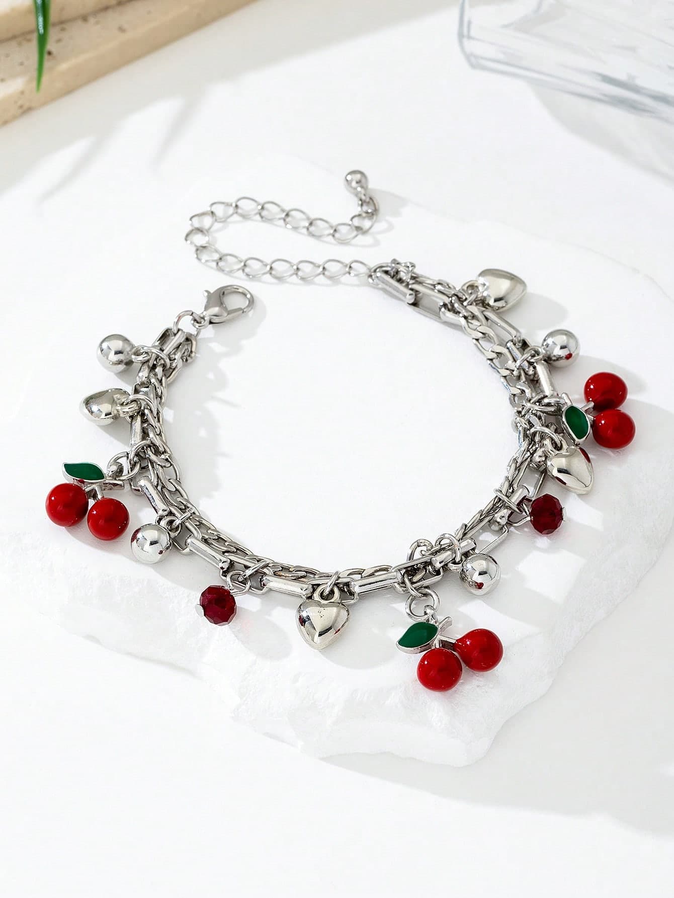 1pc Asymmetrical Shell Decor Women Bracelet, Vibrant Red Cherry & Apple Shaped, Popular Daily Wear Butterfly Multi-Style Bracelet & Anklet