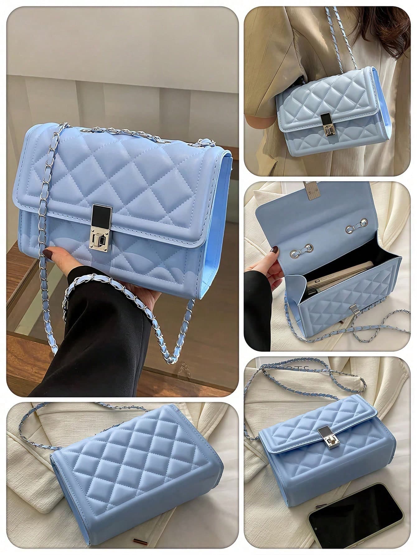 Fashion Solid Color Quilted Square Chain Shoulder Bag, Multi-Functional Evening Clutch, Lightweight New Handbag And Wallet, Suitable For Daily Commute Crossbody, Ideal Choice For Office Workers, Casual Coin Purse