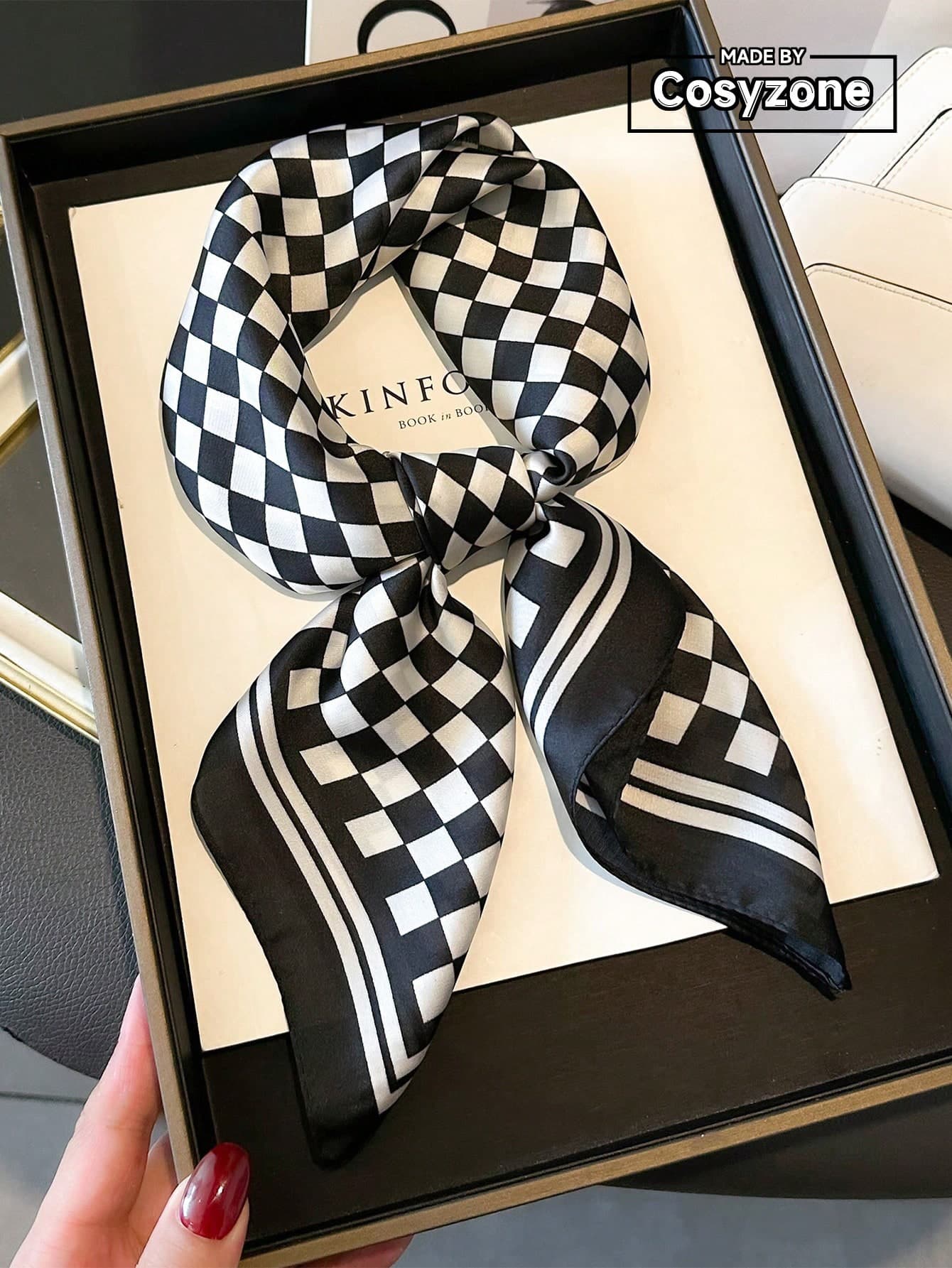 1pc Women's Chessboard Pattern Printed Faux Silk Bandana, Essential For Spring/Summer, Fashion Versatile Small Scarf For Daily Decor