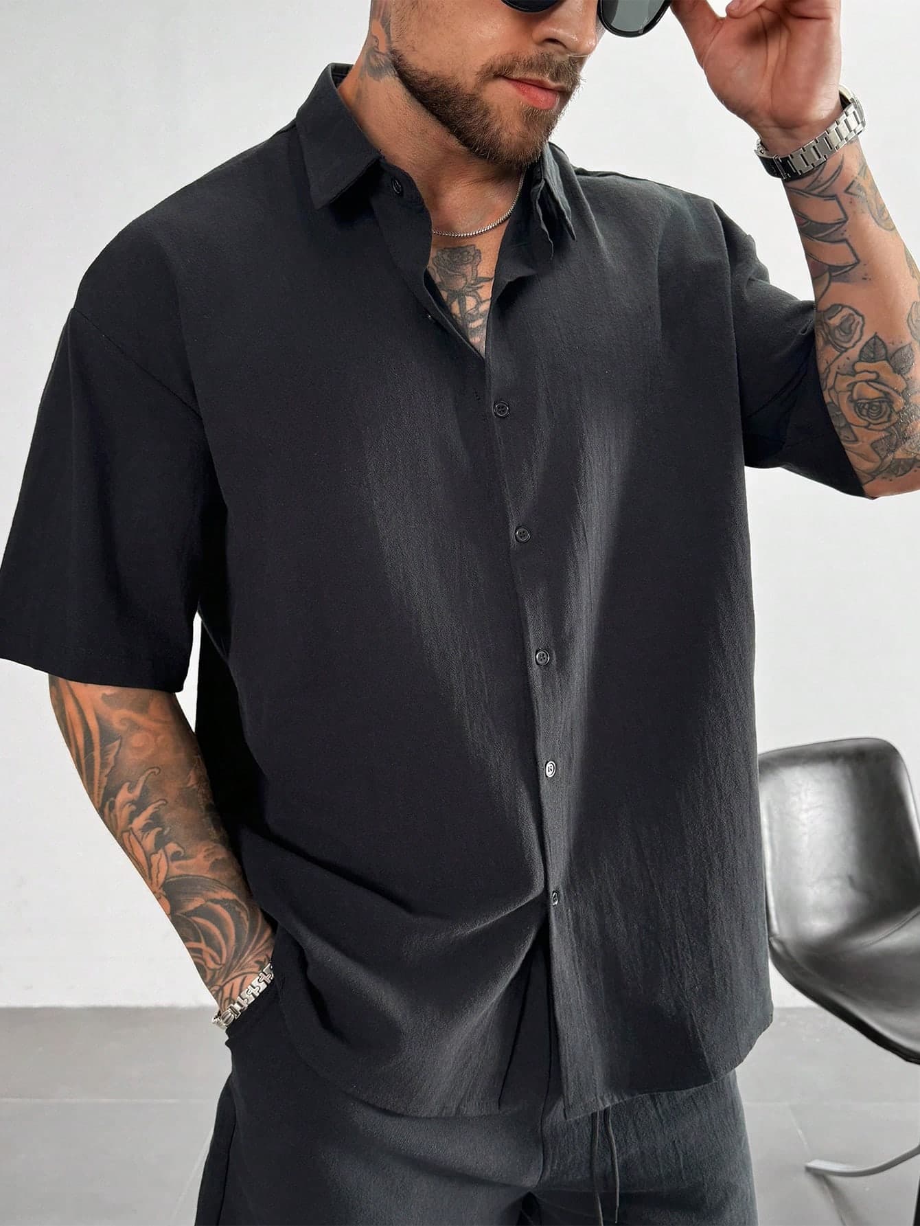 GloMan Drop Shoulder Men's Black 100% Cotton Short Sleeve Shirt,Loose Fit Lapel Shirt,Summer Breathable Like-Line Casual Daily,Father/Husband