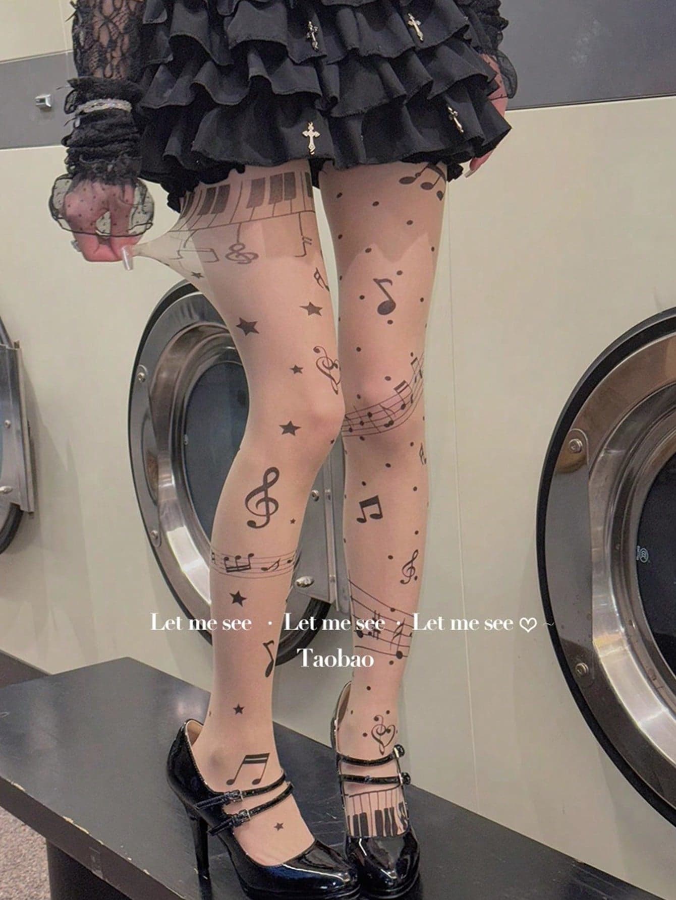1pc Y2K Personalized Sexy Music Note Print Thin Tights/Stockings, Suitable For Spring & Summer