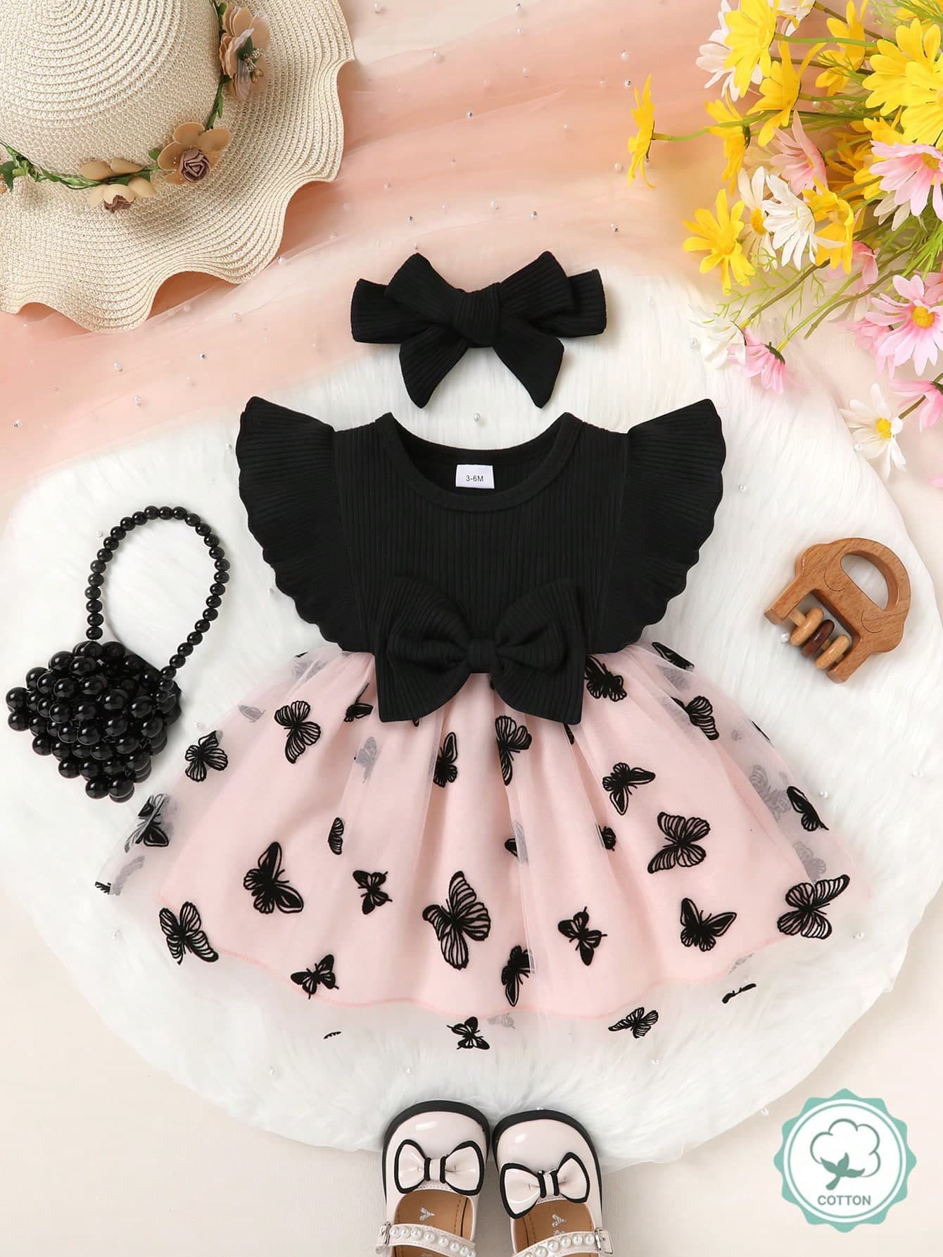 2pcs Set, Casual Elegant Sweet Cute Baby Girl Dress, Soft & Comfortable, Bow Decor Ruffle Hem Floral Embroidery Mesh Princess Dress & Headband Set, Baby Girl Clothing, Baby Girl Outfit, Suitable For Daily Wear, Vacation, Party, Photography