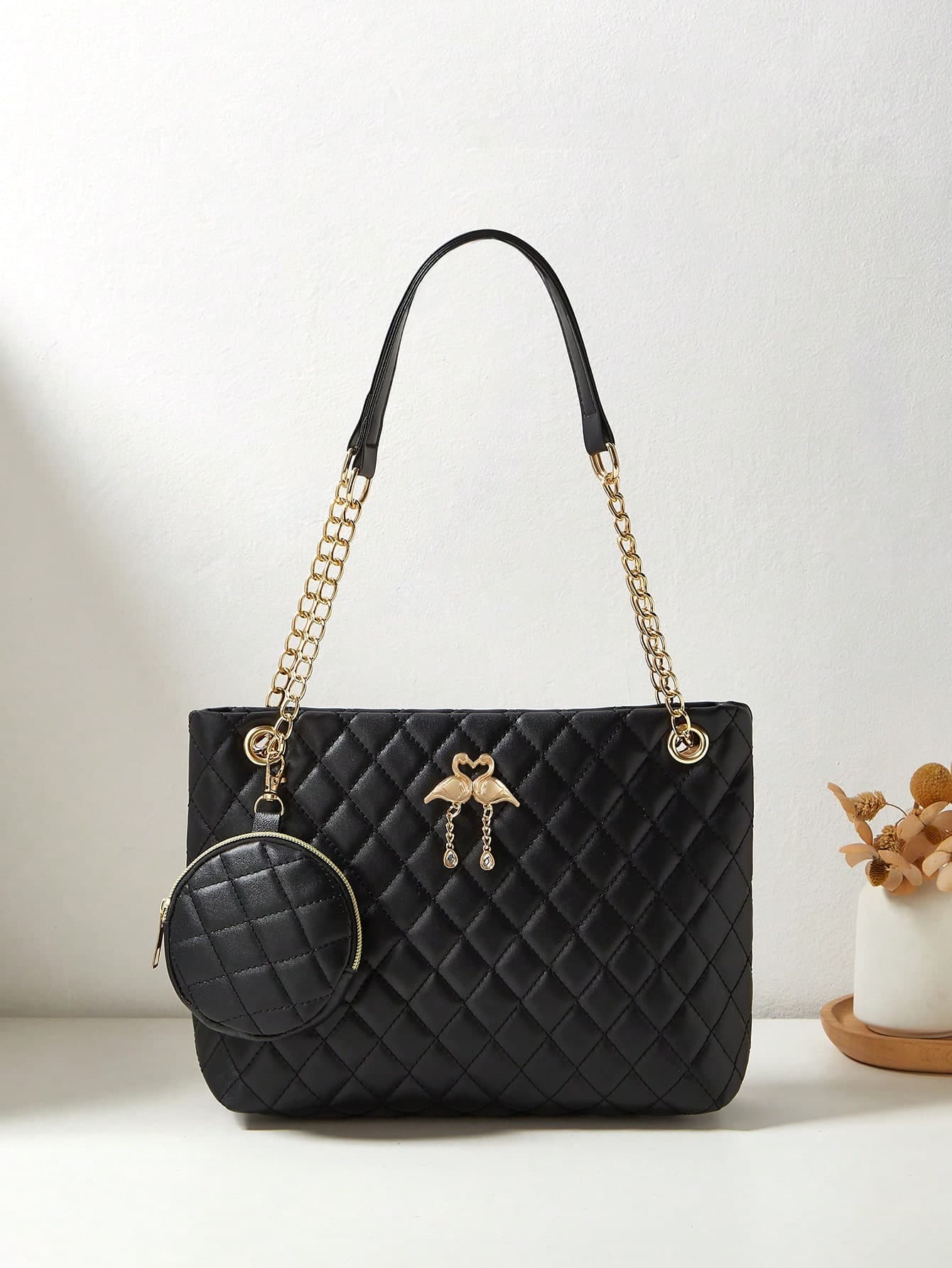 2pcs Set Fashion Women Minimalist Casual Faux Leather Diamond Plaid Tassel Shoulder Tote Bag, Large Capacity Crossbody Chain Handbag Versatile For Shopping, Business, School, Personalized Gift, Cosmetic Coin Purse
