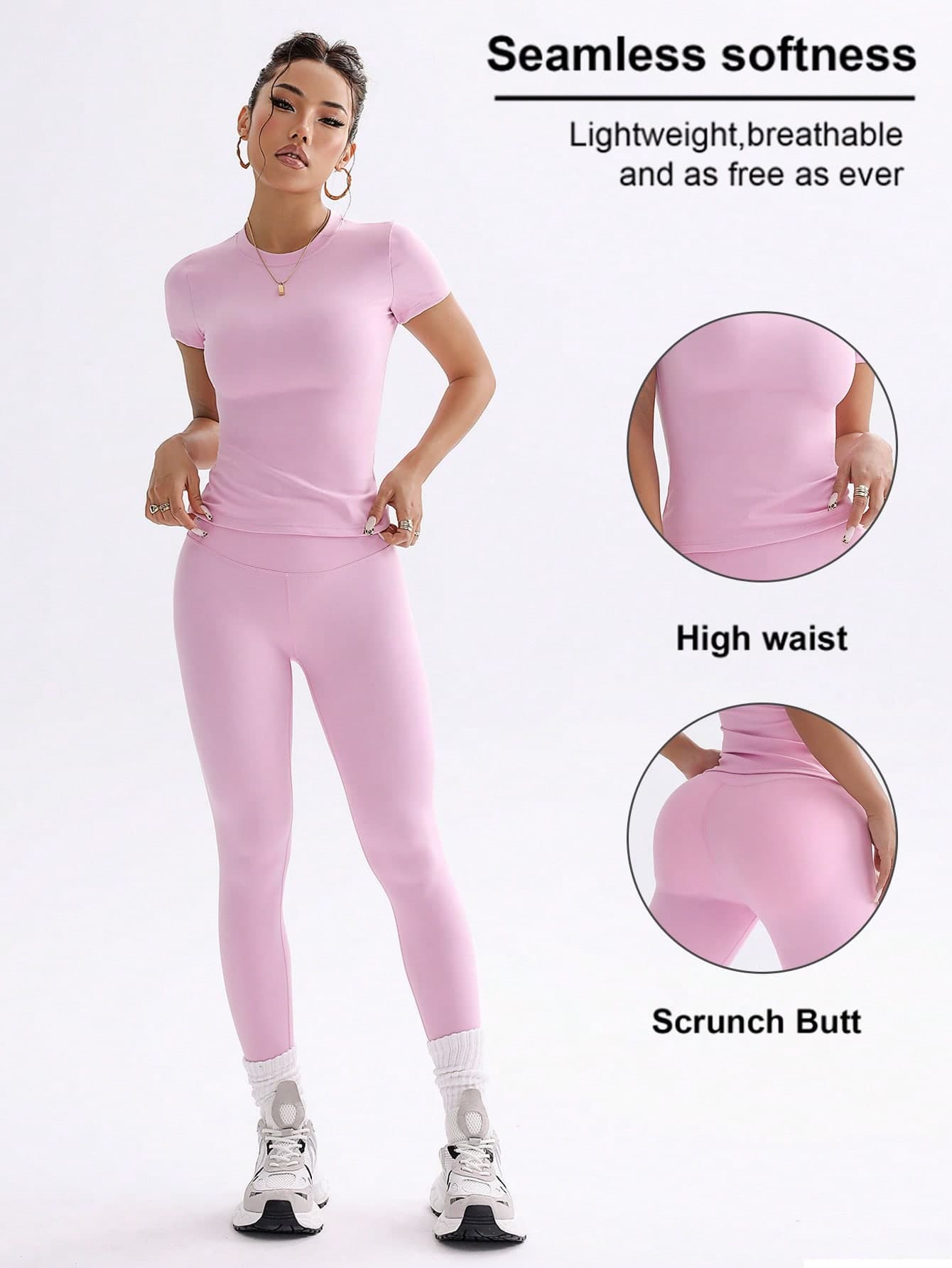 FWH #Campus Style OOTD #Sweet Girl Fitness Set, Sweet & Cool Campus Fitness 2-Piece Set, Spring/Summer Elastic Slim Fit Round Neck Sweet Fashion Sports