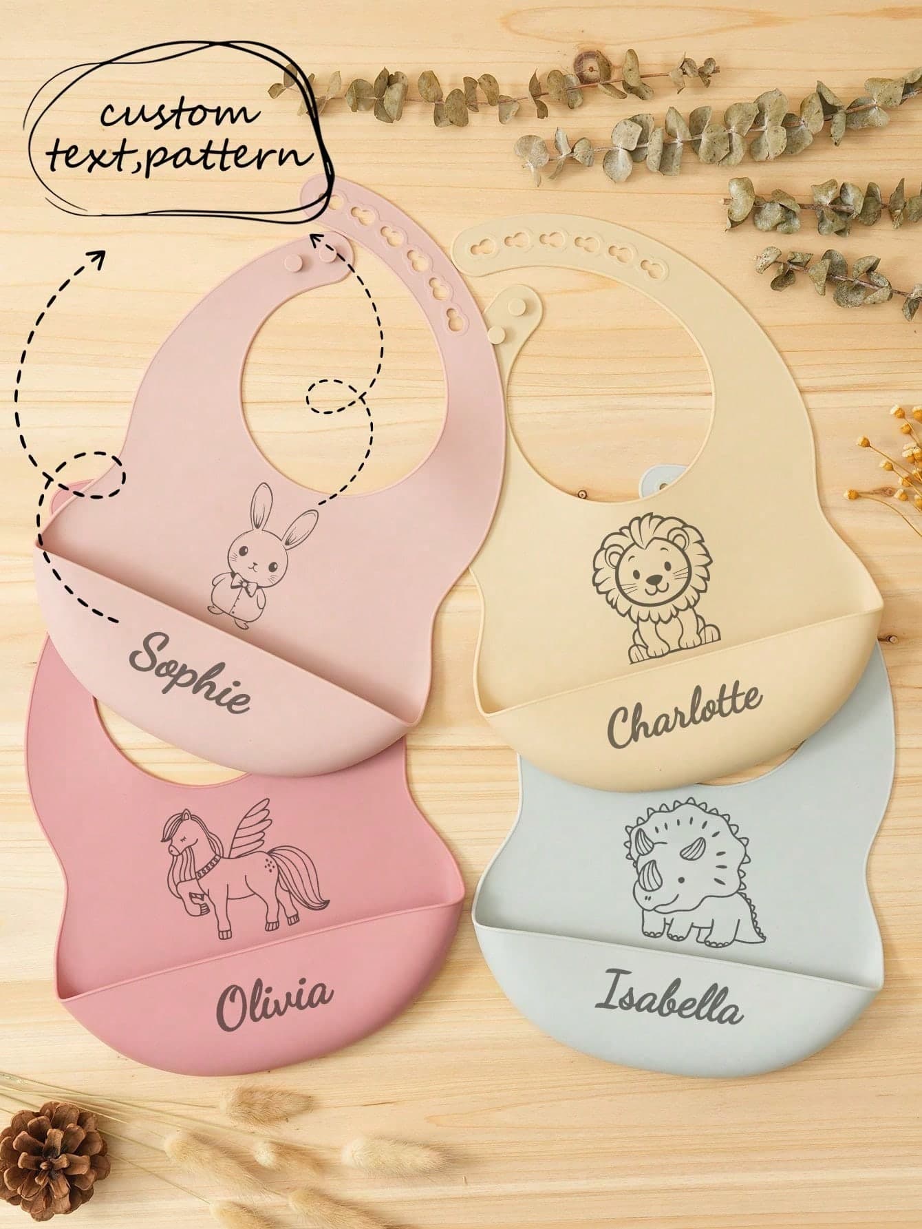 1pc Customizable Baby Bib With Printable Name & Pattern, Personalized Baby Feeding Accessories, Adjustable Infant Bibs, Solid Color Baby Gift, Street Casual Style, Baby Shower Gift