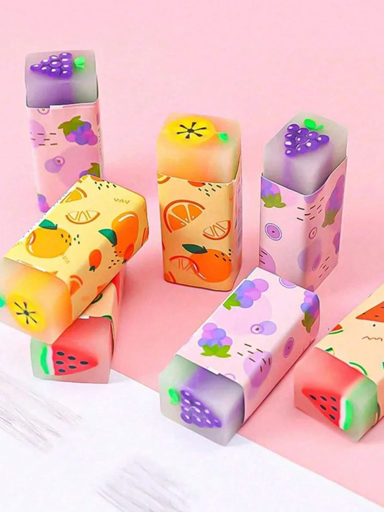 6pcs Cute And Creative Fruit Shaped Erasers, Novelty Stationery School Supplies Perfect Gift For Students/Some Accessories, Colors, Written Words, Patterns, Shapes Are Random