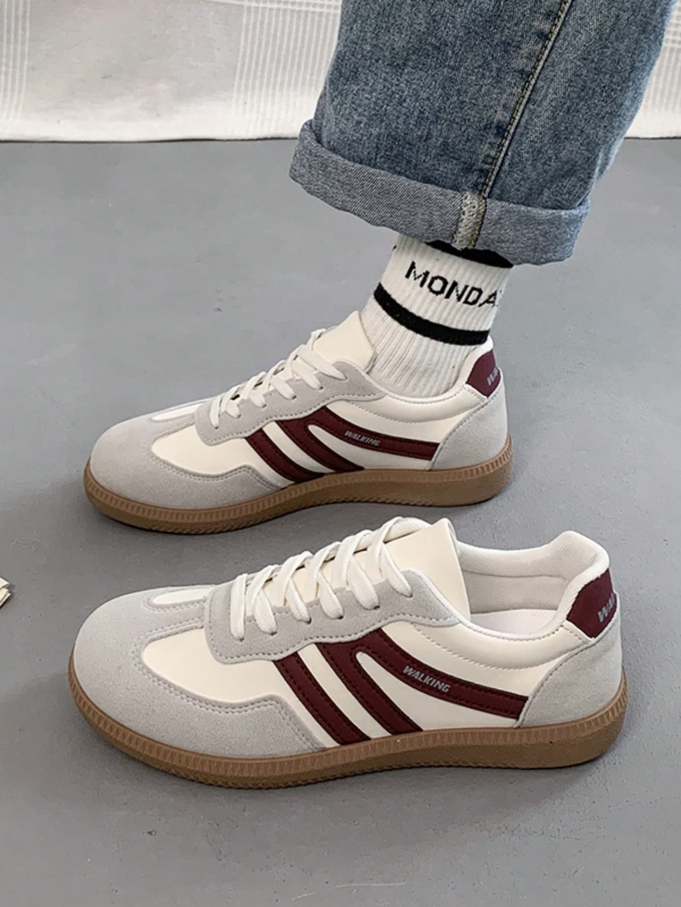 Sodalemon Women's Multifunction Color Block Solid Preppy Style Casual Shoes, Flat Non-Slip Lace-Up Round Toe Rubber Sole Casual Sneakers, Burgundy Color Block, Daily Matching Casual Shoes, Size 36-41, Fashion