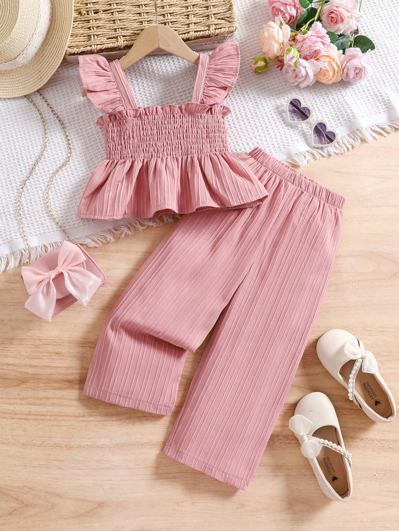 2pcs Girls Pink Spaghetti Strap Tank Top & Pants Set, Summer