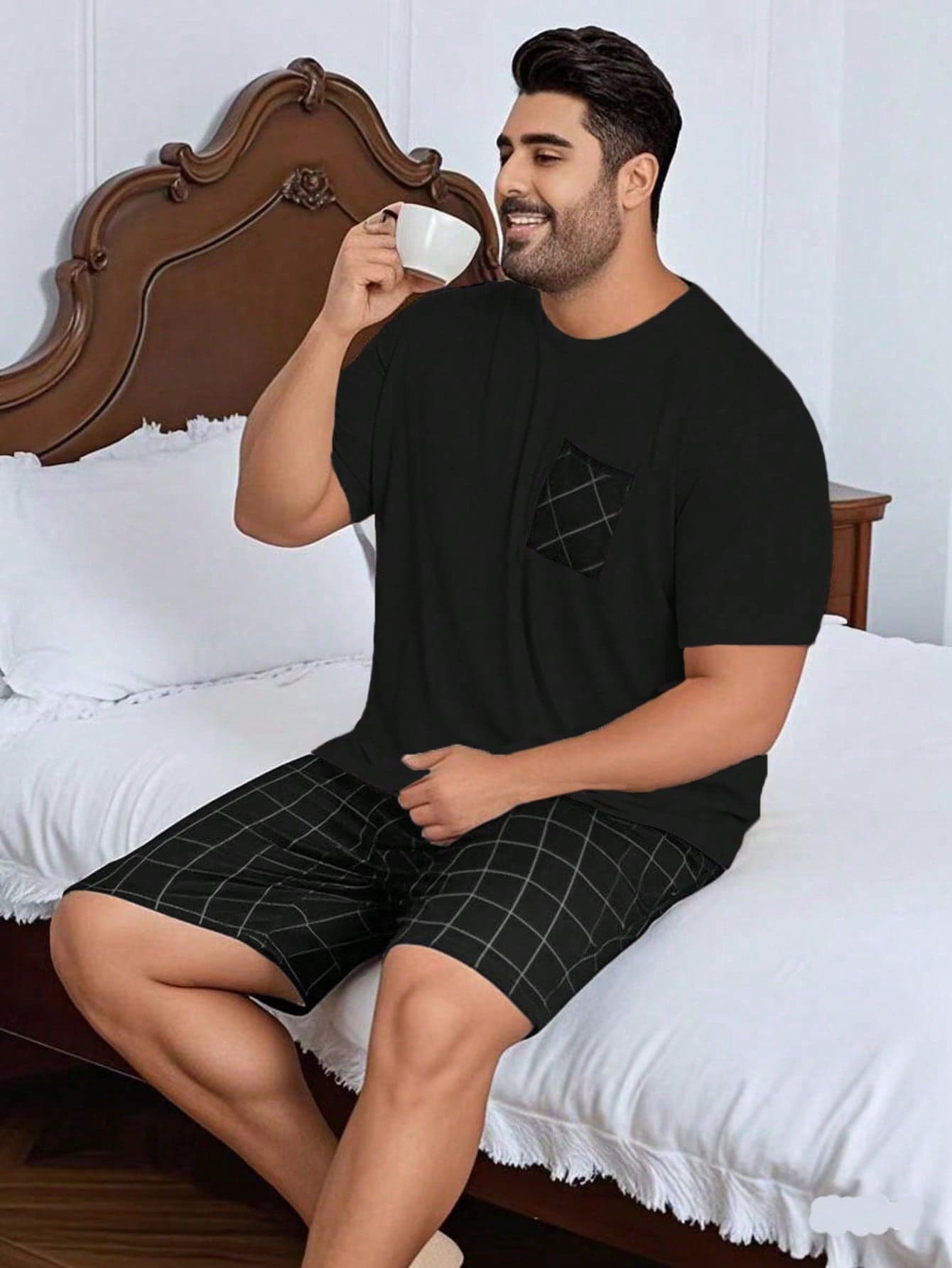 2pcs/Set Men's Plus Size Casual Loose Plaid Short Sleeve T-Shirt And Shorts Pajama Set, Spring/Summer