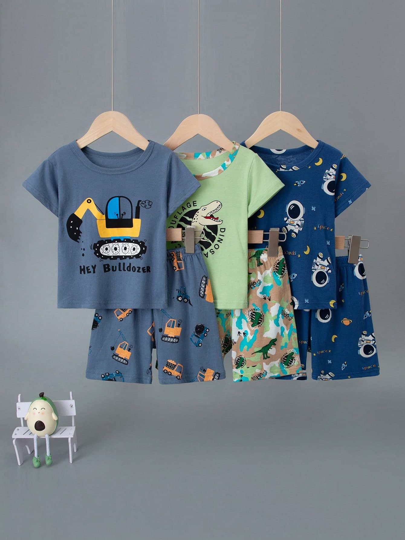 6pcs/Set Kids Cartoon Dinosaur Pattern Contrast Color Short Sleeve Top And Shorts Pajama Set, Lightweight Summer Homewear For Toddler Boys