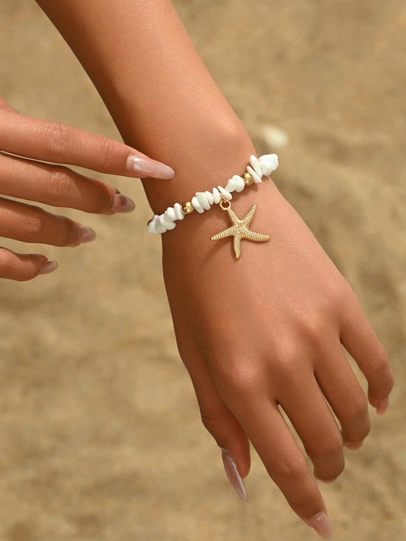 1pc Ocean Resort Style White Pebble Beaded Bracelet, Fashionable Metal Alloy Starfish Pendant Jewelry, Suitable For Women Casual, Beach Party, Music Festival, Travel