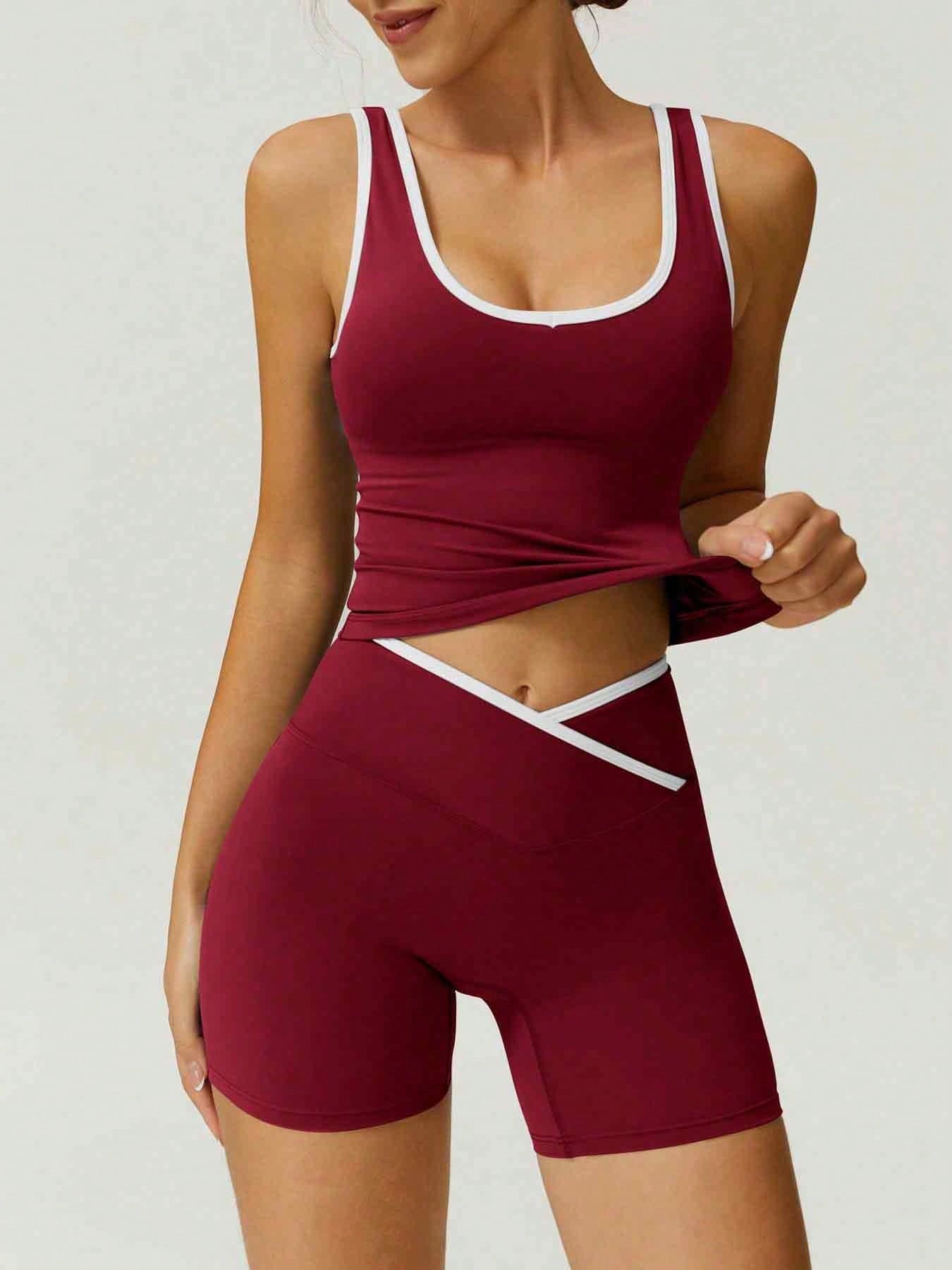 NcmRyu Women's Contrast Color Racerback High Waist Elastic Tight Fit Sports Tank Top And Leggings Set Summer