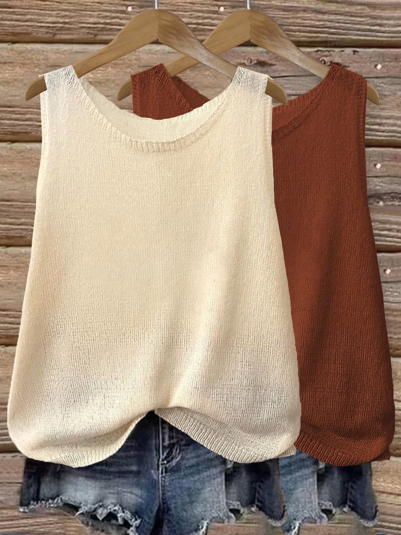 2pcs/Set Solid Color Round Neck Semi-Sheer Minimalist Casual Loose Knit Vest Vacation Beach Summer
