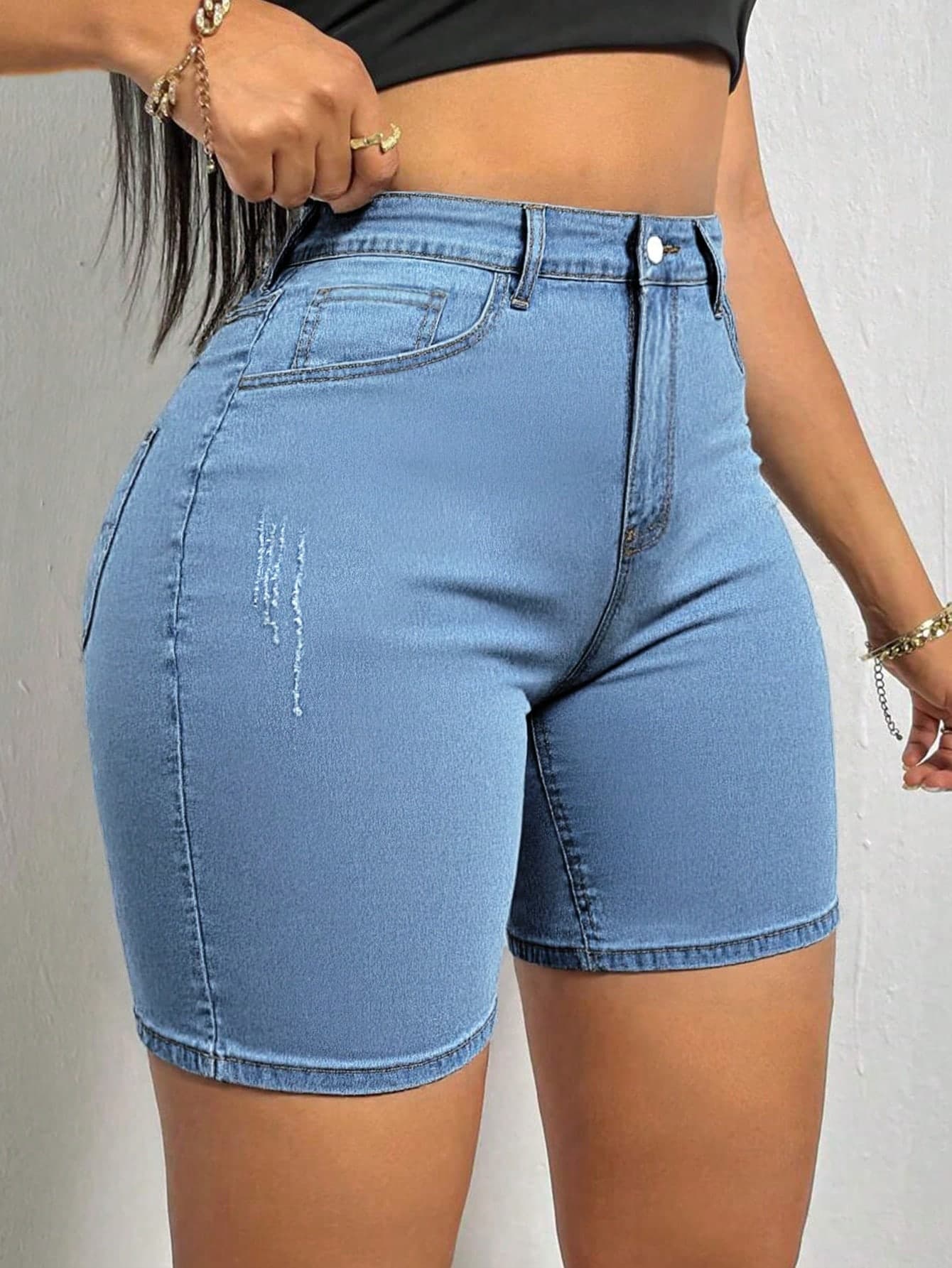 Women's Summer Casual Whisker Embellished Stretchy Skinny Denim Shorts Curve Vacation Beach Concert Festival Cowgirl Outfit