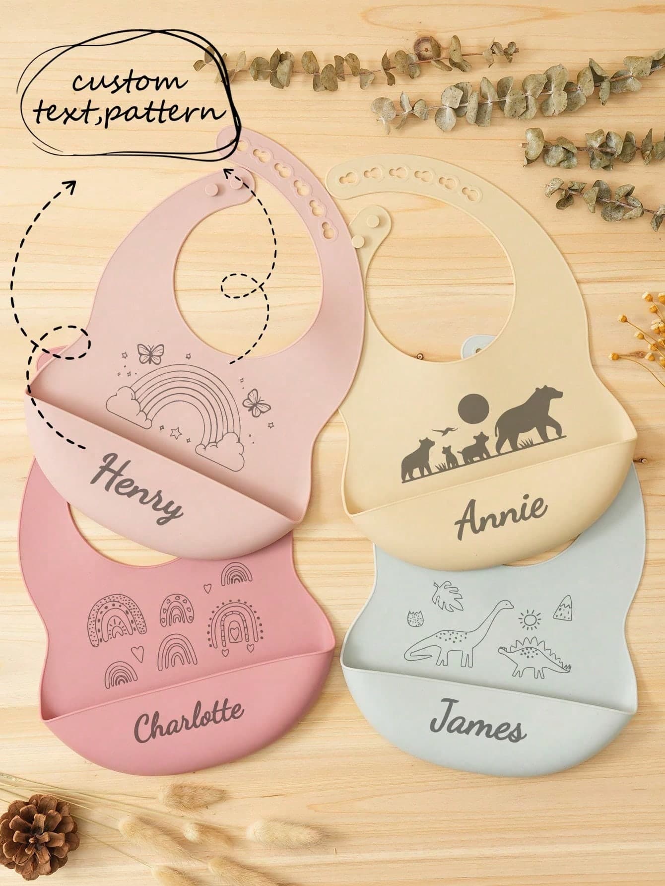 1pc Print On Demand Baby Silicone Bib Portable Baby Adjustable Bib Personalized Customization Name Pattern Baby Tableware Baby Essentials Accessories