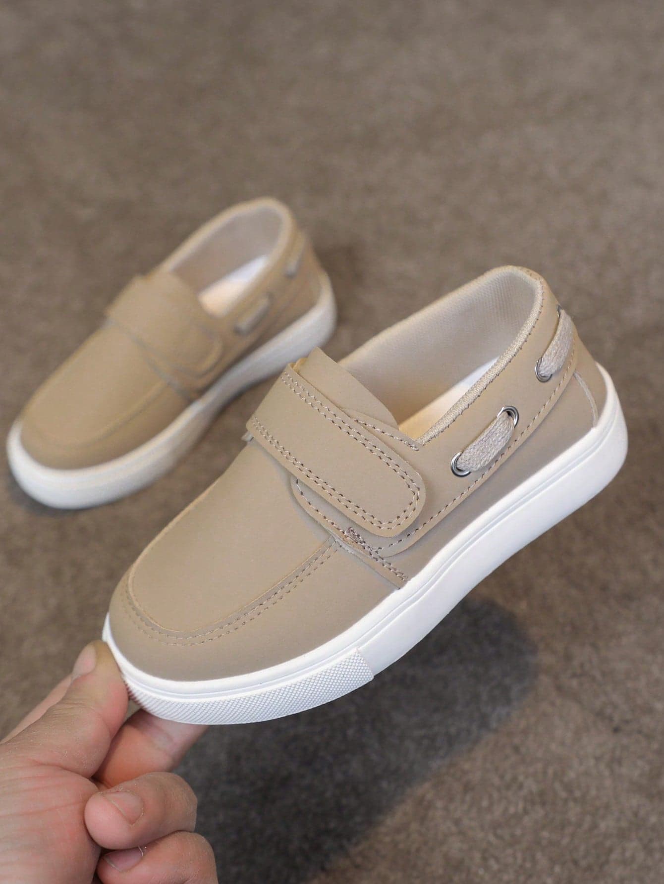 Toddler Khaki Hook And Loop Loafer Sneakers, Slip On Non-Slip White Rubber Sole Lightweight Casual Walking Flats For Little Boys Girls Daily School Wear