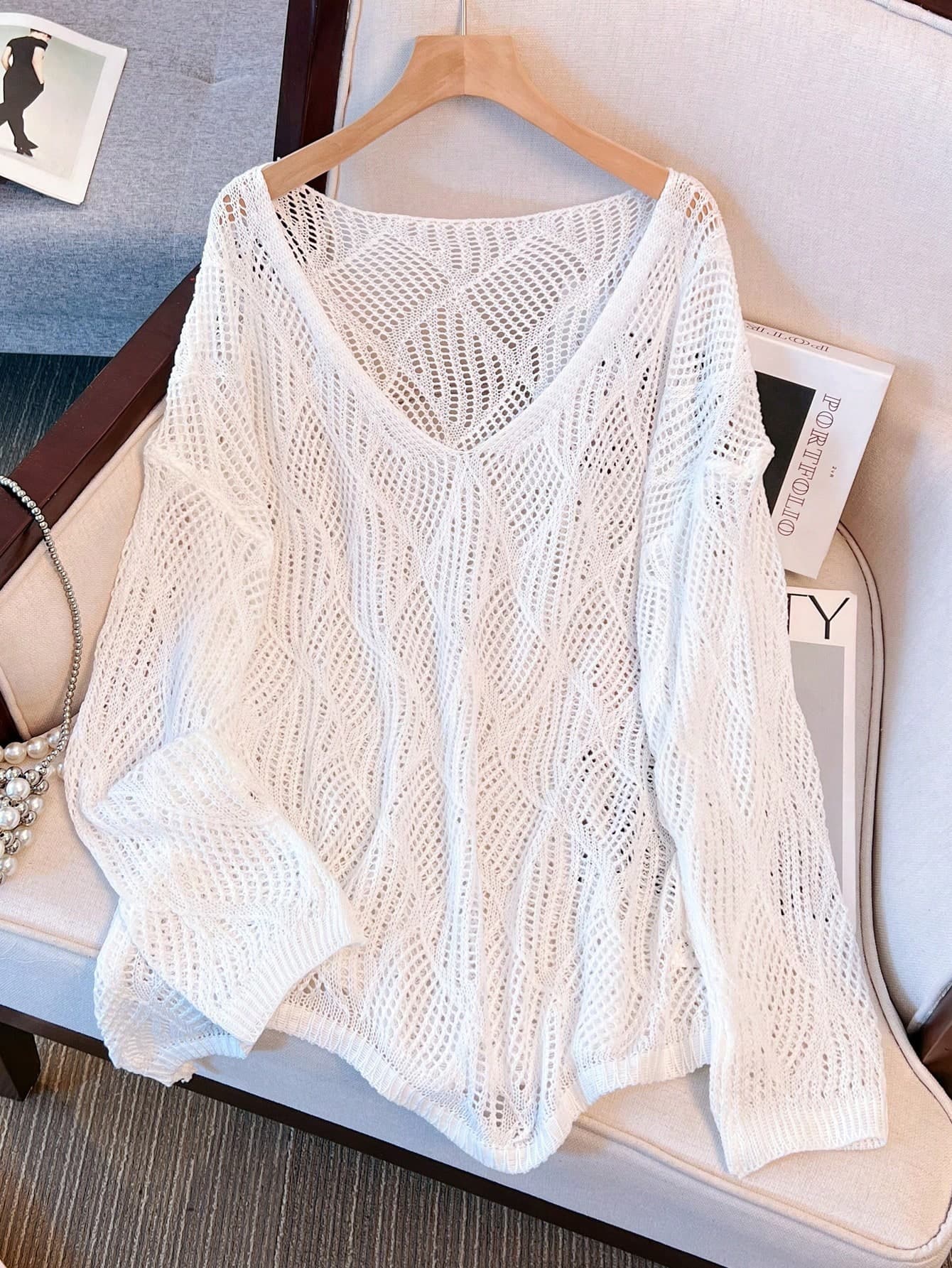 Women's V-Neck Hollow Rhombus Design Loose Knit Cover Up, Airy And Breathable For Beach/Resort Wear, Spring/Summer Vacation White