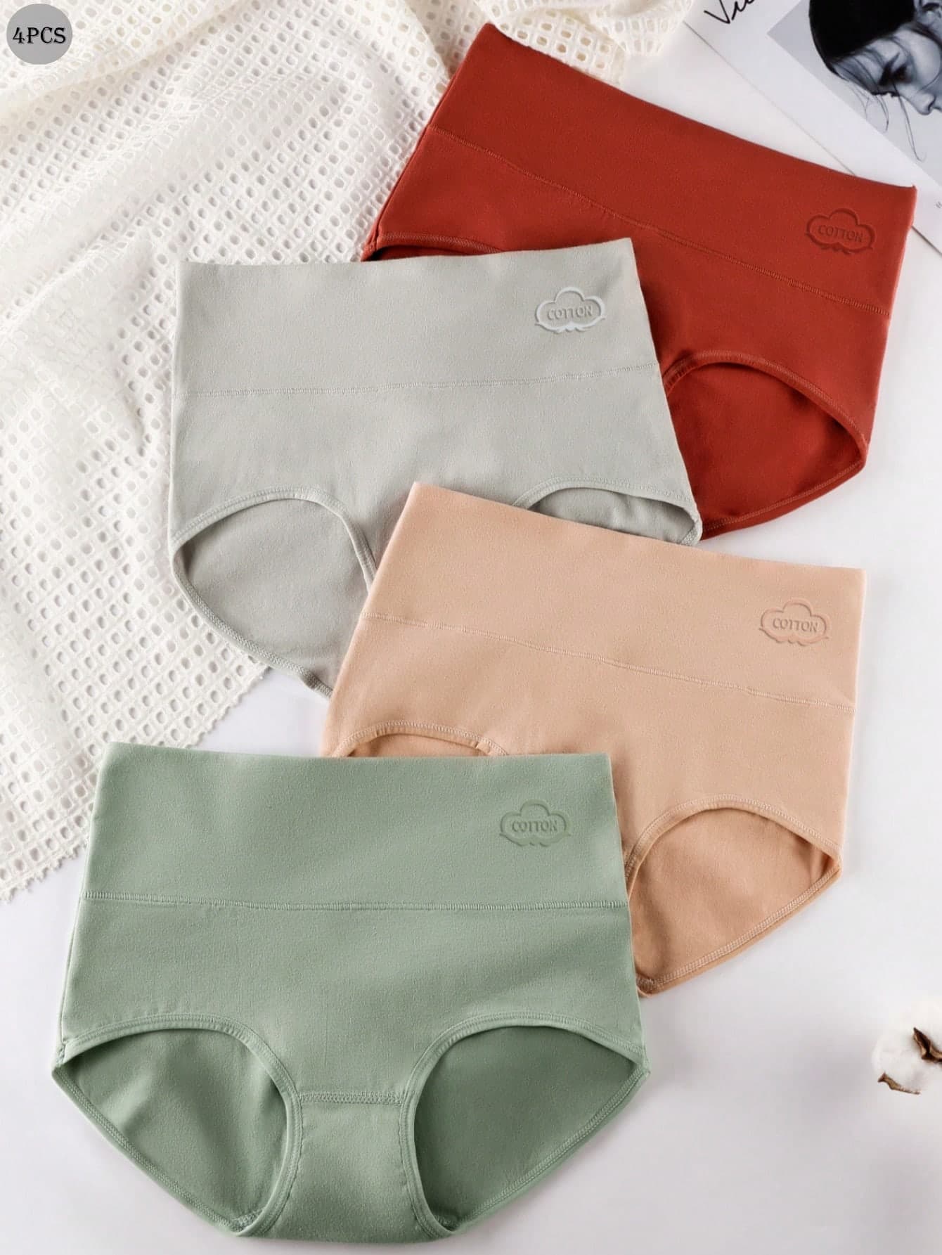 4pcs/Pack Women High Waist Cotton Breathable Full Coverage Triangle Panties