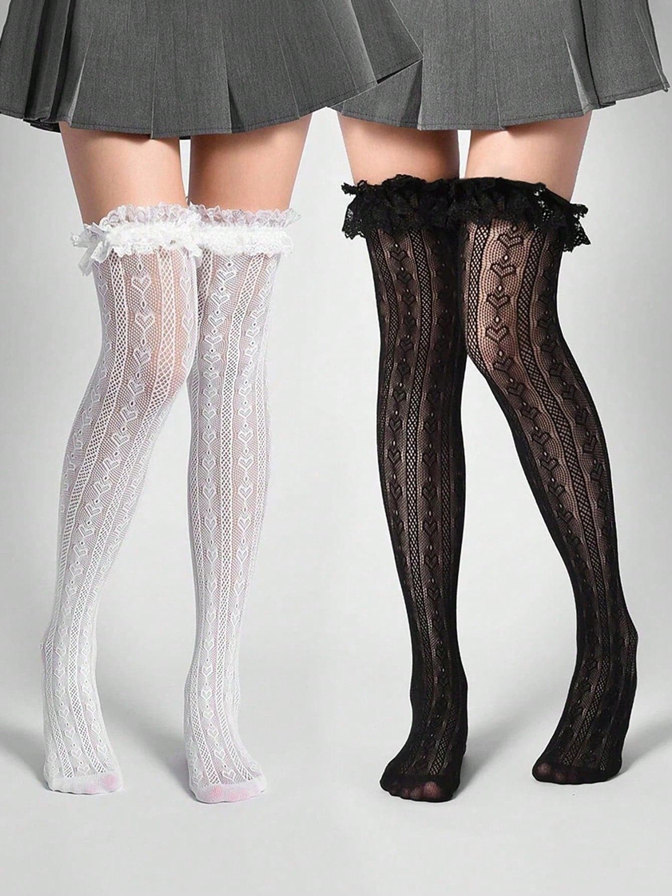 1 Pair Women's Heart Lace Thigh High Socks, Ruffle Bow Decor, Christmas Gift
