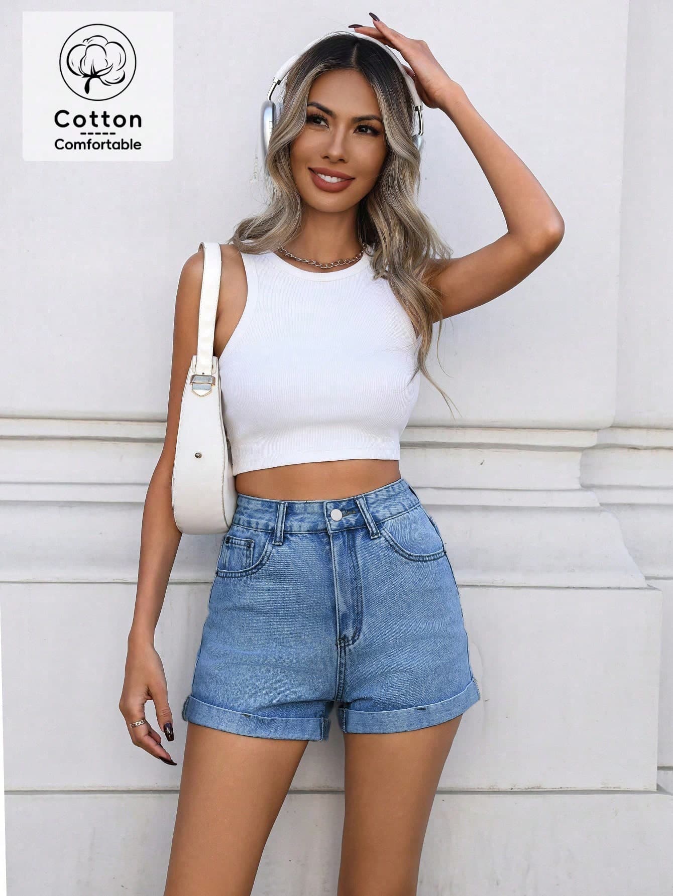 Mobula Sound#Spring/Summer Versatile Vacation Fashion Sexy Straight Leg Cuffed Denim Shorts For Women Students College Blue Casual