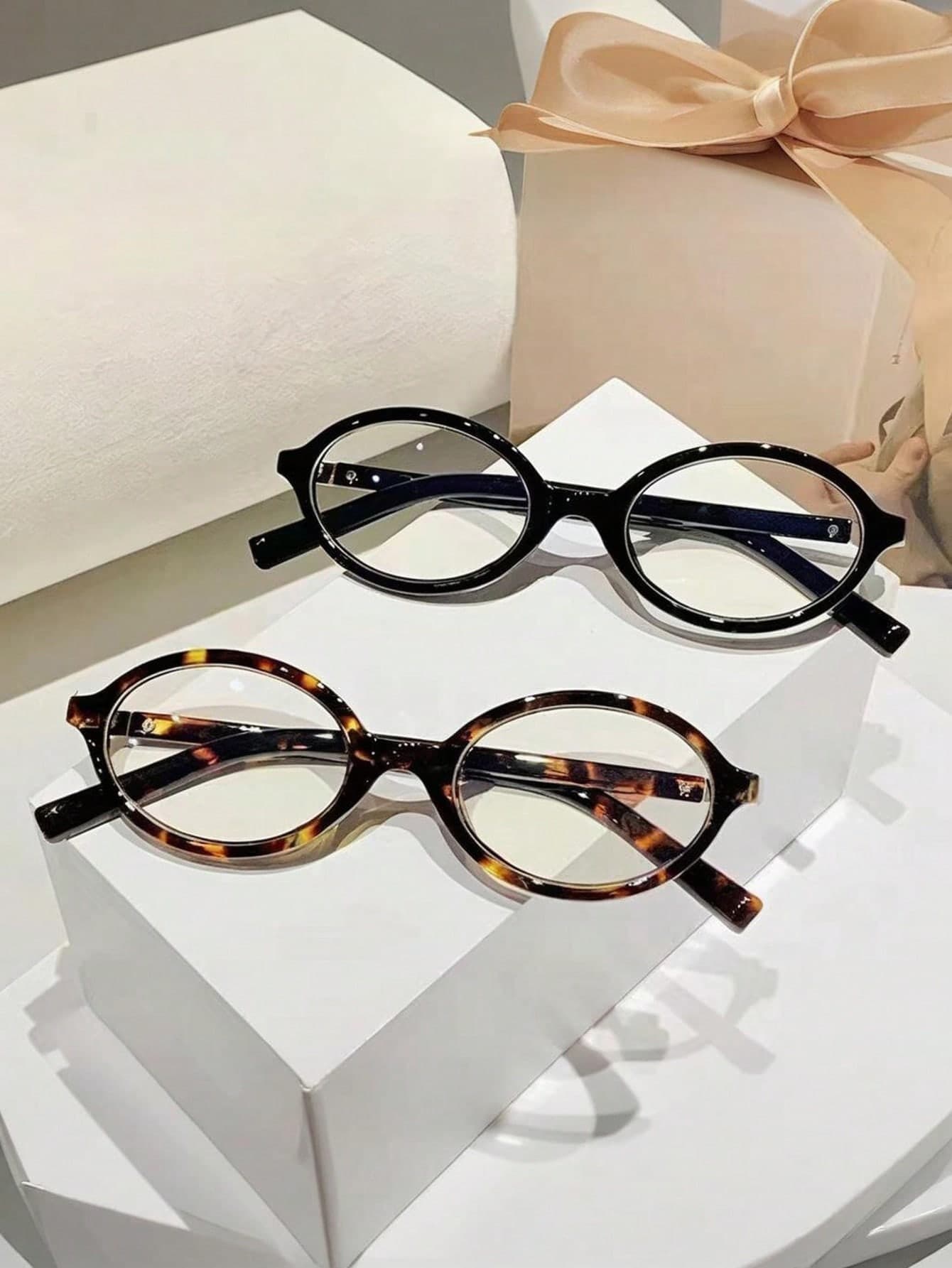 2pcs Vintage Hip Hop Retro Small Oval Eyeglasses, Minimalist Versatile Fashion Glasses For Women Preppy Style For Back To School