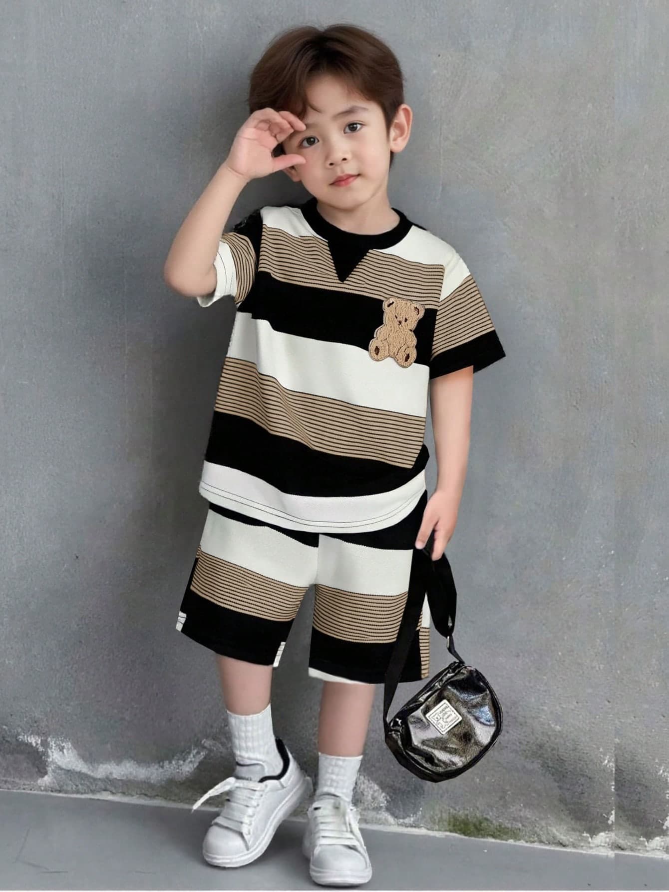 2pcs/Set Toddler Boys' Striped Bear Embroidery Round Neck Short Sleeve Top Paired With Striped Shorts Fashion Outfit (Run Small, Suggest Sizing Up), Suitable For Summer Casual Outings, Vacations, Outdoor Activities, And Daily Wear
