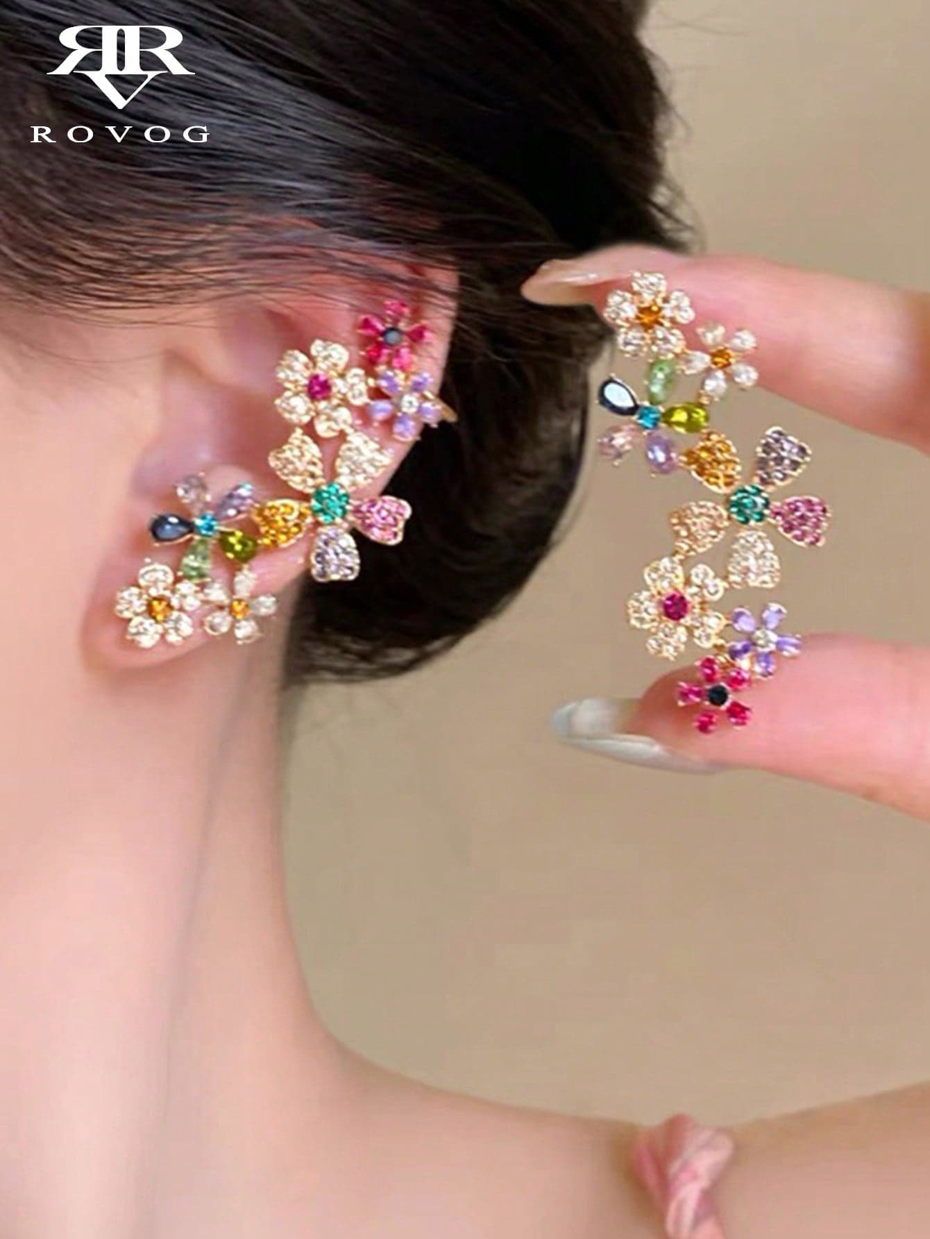 1 Pair Fashion Colorful Glass Flower Ear Cuff Earrings Suitable For Women Party And Gathering