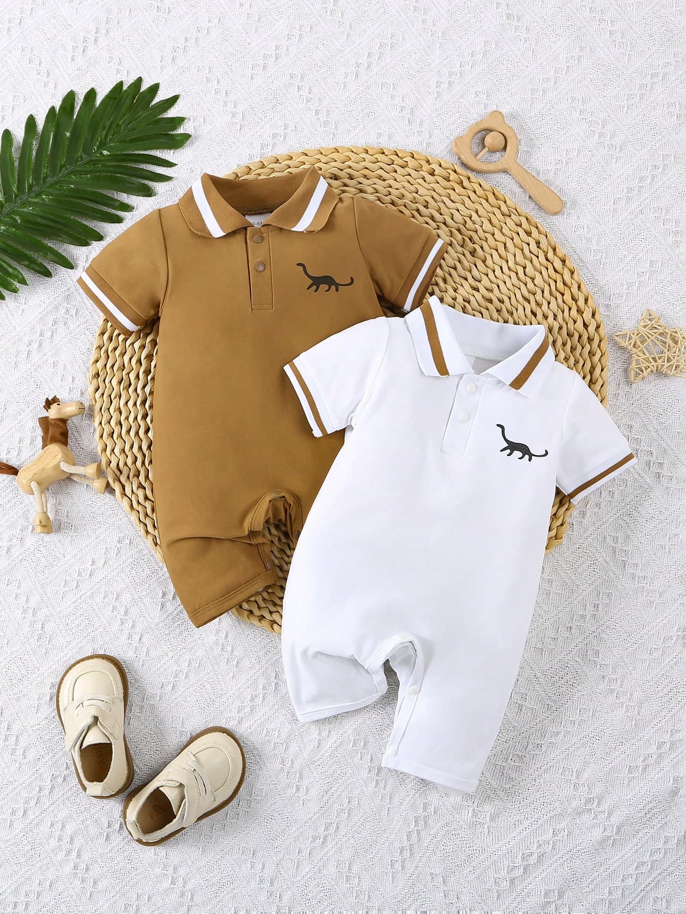 2pcs Toddler Boys' Polo Collar Dinosaur Print Short Sleeve Romper Set, Summer