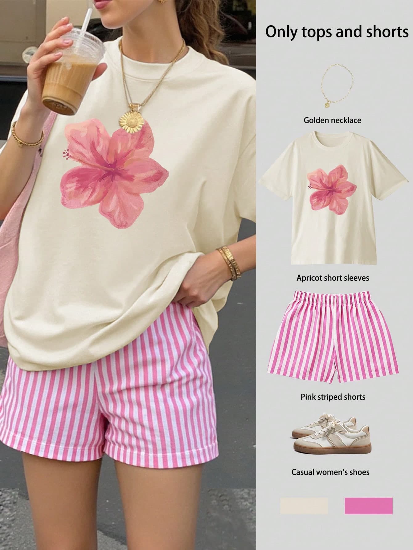 Women's Ditsy Floral Loose Short Sleeve Top & Striped Shorts Set, Women's Summer Casual 2-Piece Outfit, Mexico, Canada, Hawaii, Summer Outfits For Women, , Women's Clothing, Going Out Tops, Preppy Style