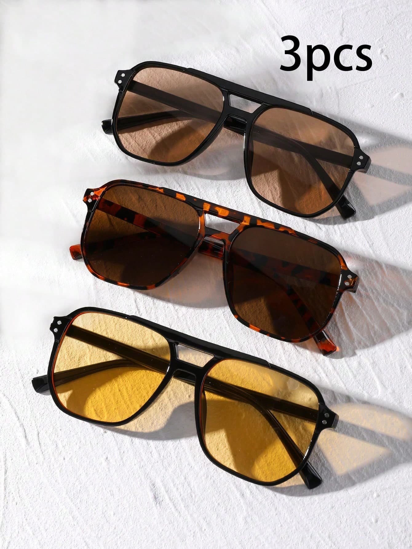 3pcs/1pc Unisex Dual Bridge Square Fashionglasses With Rivets Pc Material Tea Leopard Print Yellow Lenses Summer Beach Travel Outdoor Fashion Eyewear