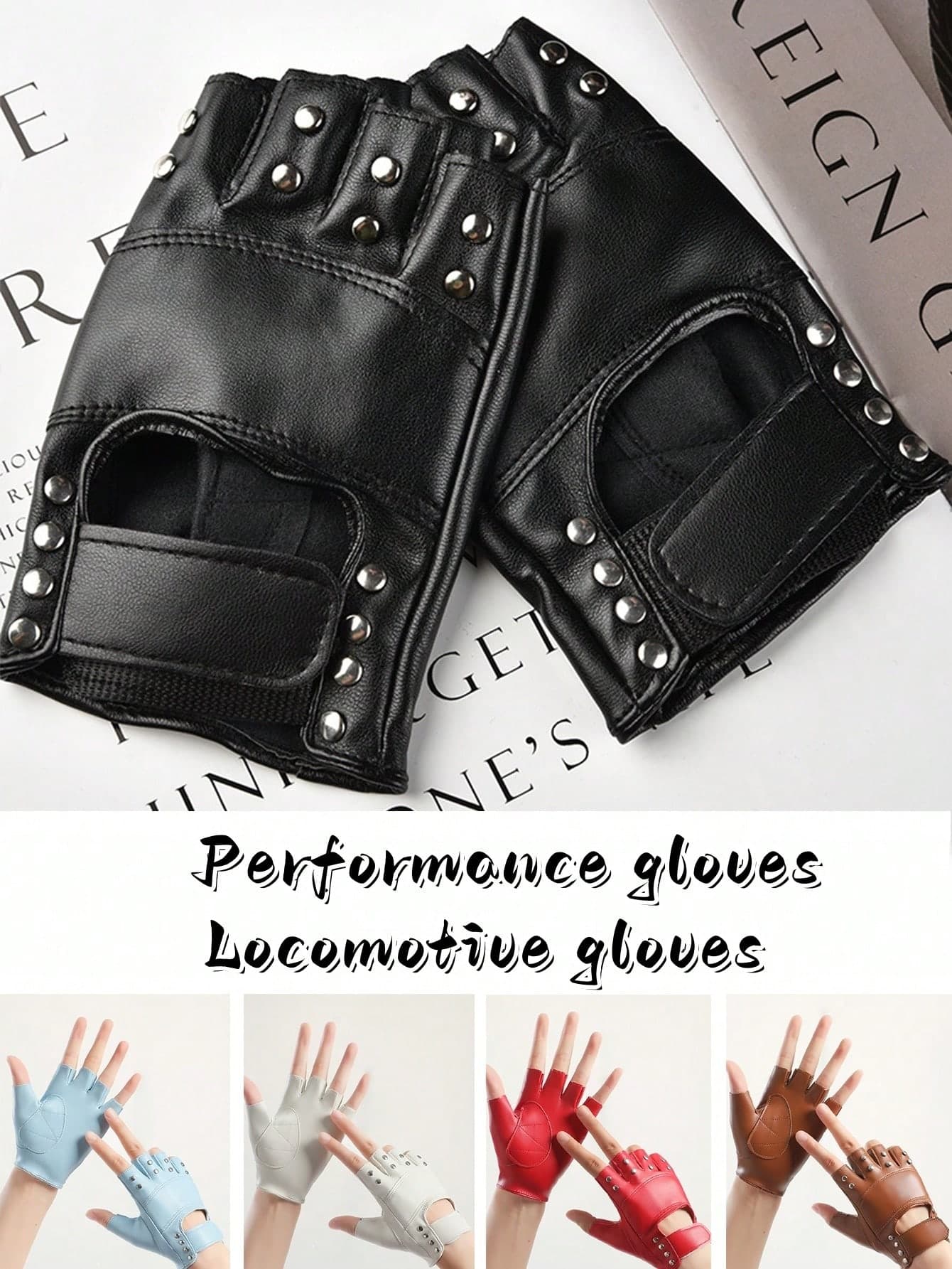 1 Pair Cycling Half Finger Gloves, Motorcycle Racing Gloves, Music Festival Stage Performance Cosplay Dance Decor Riveted Punk PU Gloves For Women