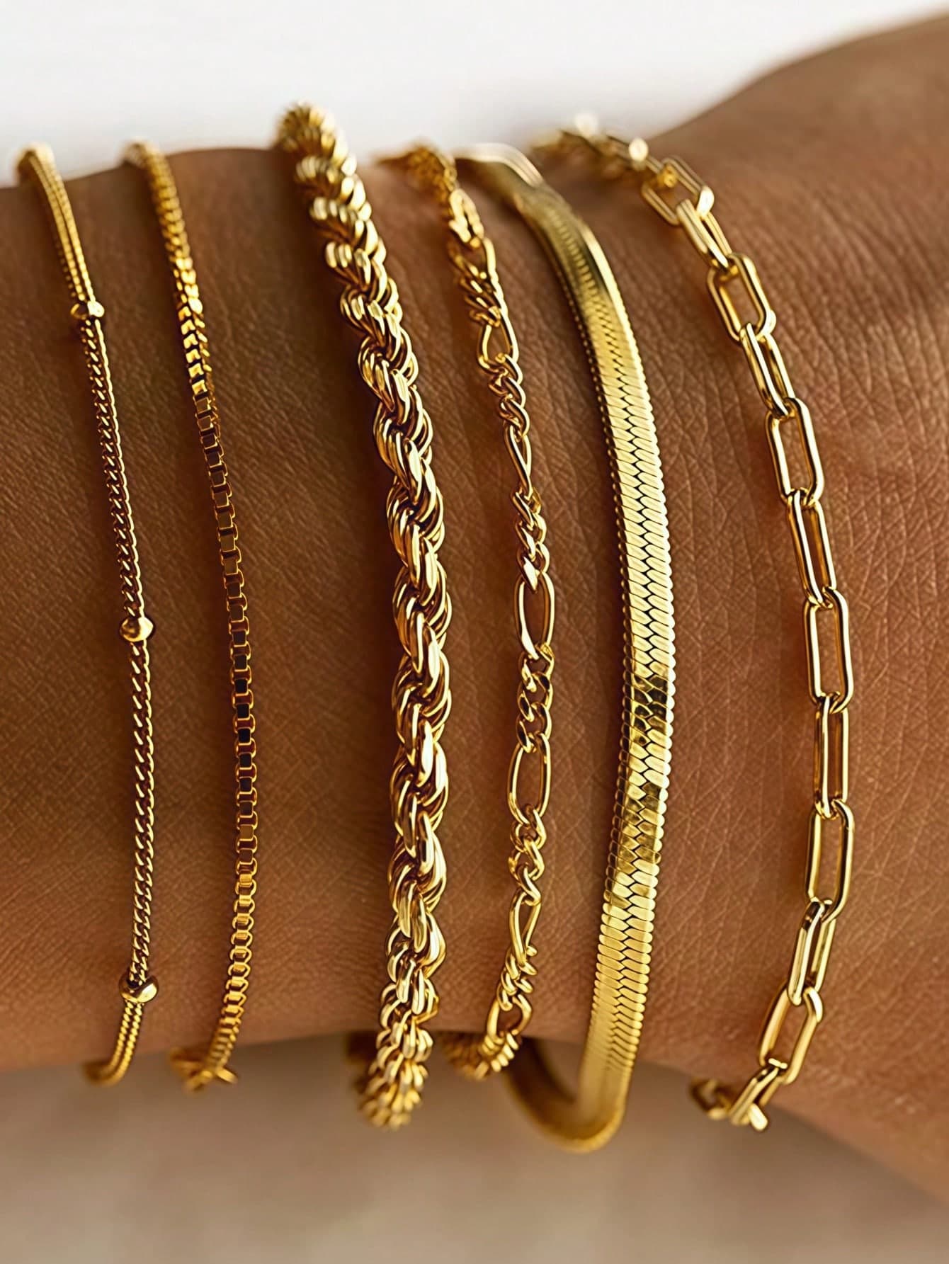 6pcs New Fashion 14K Gold-Plated Stainless Steel Water-Resistant Non-Discoloration Herringbone/Snake/Pearl Chain Bracelets, Suitable For Women's Daily/Party Wear, Beach Outfit, Gifts