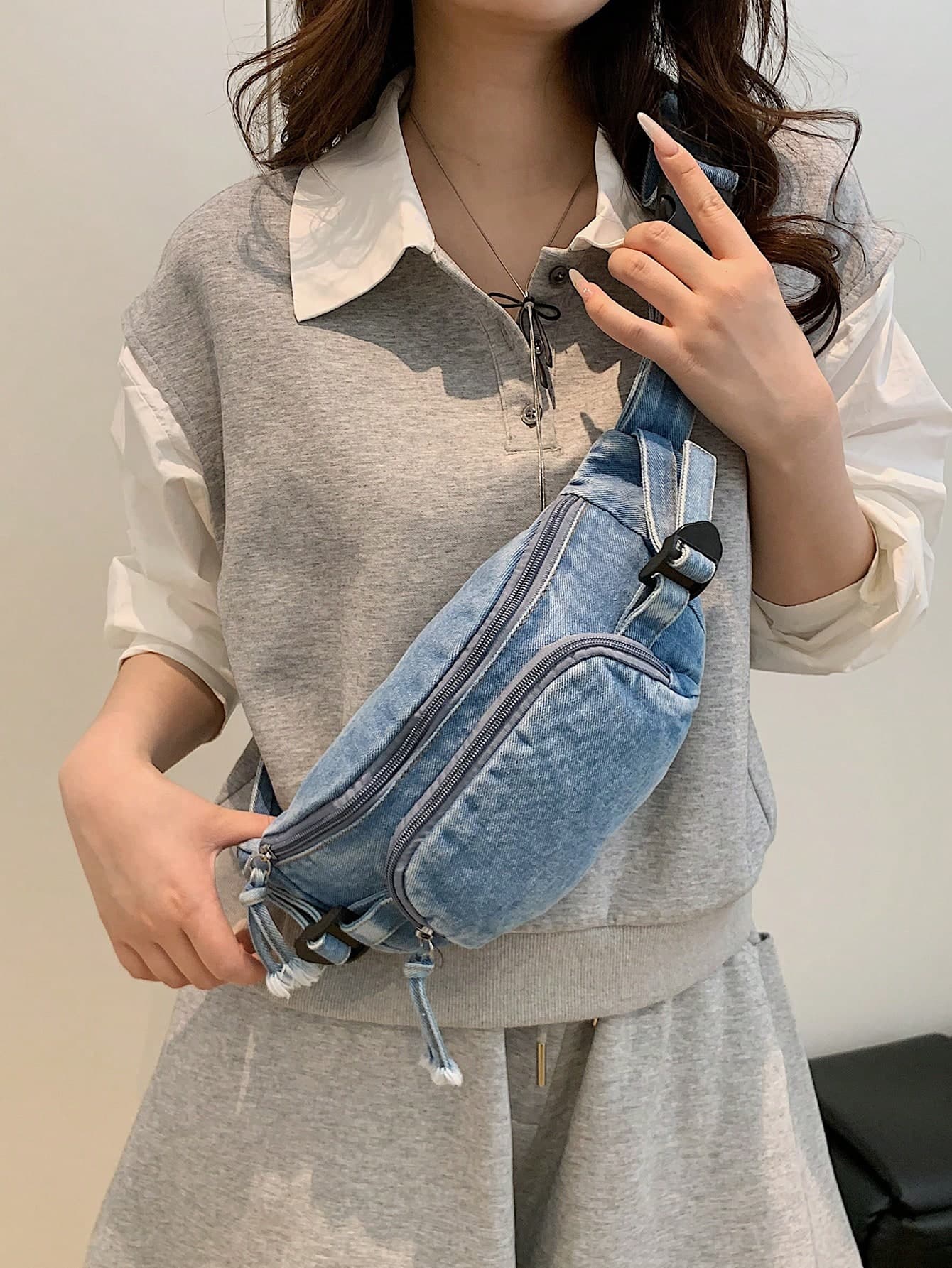 Minimalist Denim Waist Bag/Chest Bag, Versatile Solid Color Unisex