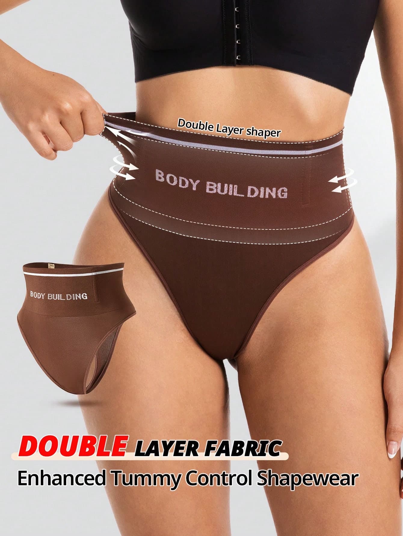 FLARIXA Women's Seamless High Waist Thong Shapewear, Slimming Underwear, Fitness Body Shaper, Brown Panty