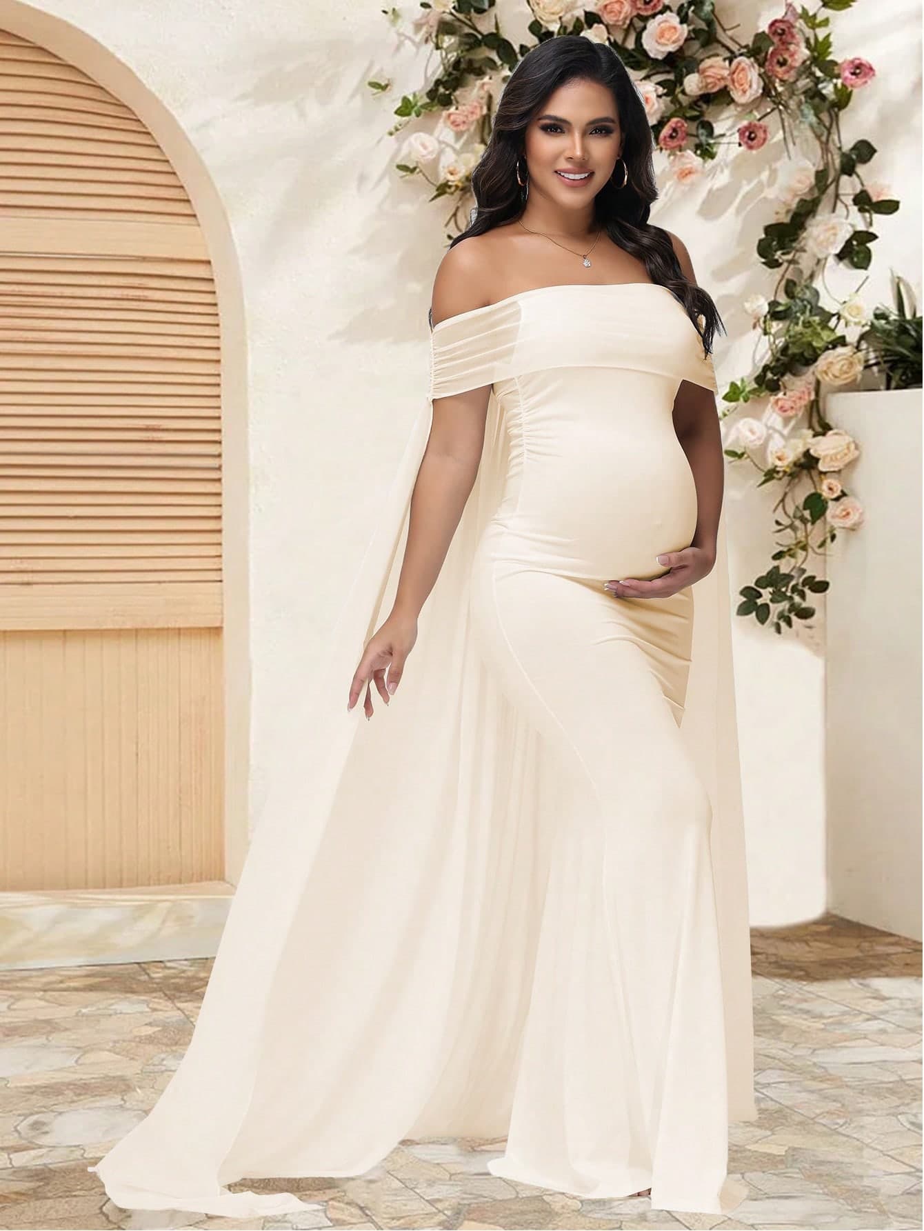 JustVH Elegant Maternity Sheer Shoulder Dress, Suitable For Baby Shower Party, Hooded Long Dress Spring