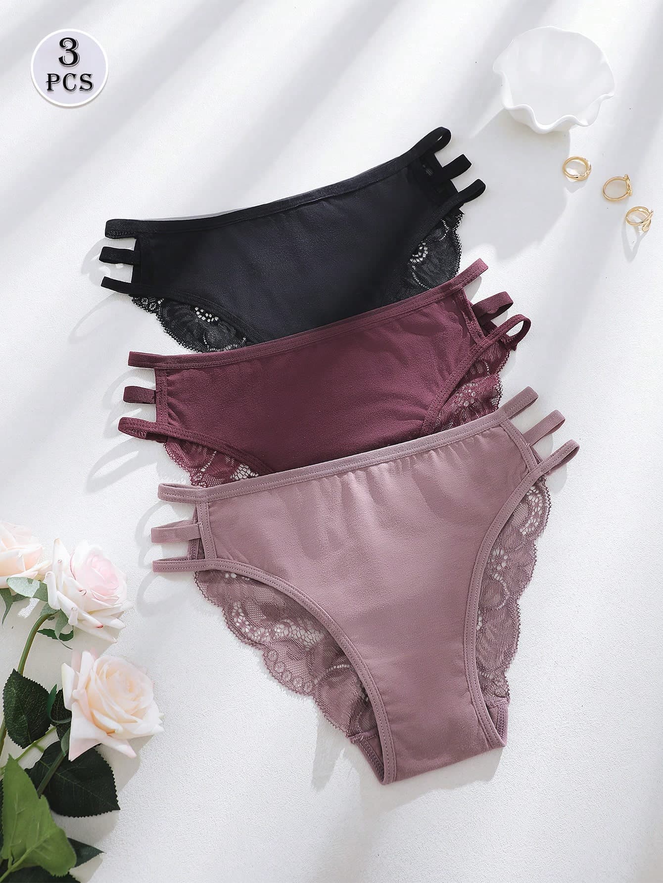 3pcs/Set Solid Color Lace Patchwork Hollow Out Spaghetti Strap Sexy & Romantic Ladies Underwear