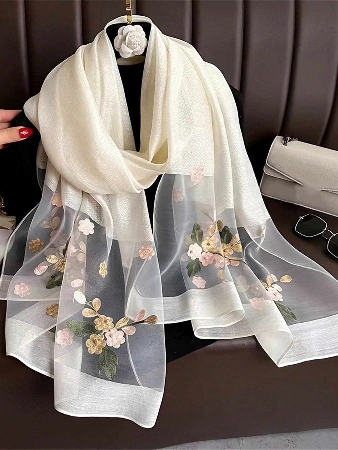 1pc Boho Style Elegant Floral Embroidery Silk Scarf/Shawl For Women, Casual Business Wrap, Suitable For Daily Wear