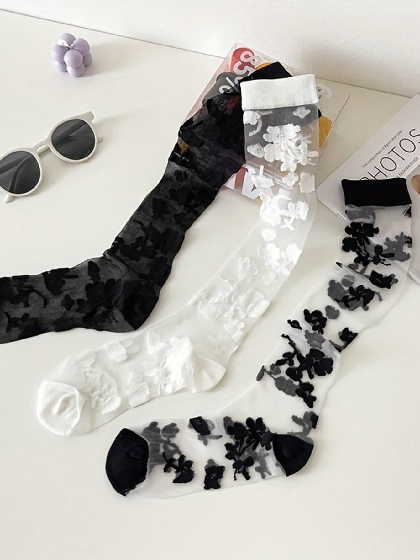 3 Pairs Women's Sexy Lace Floral Mesh Long Socks, Retro Style Leg Warmers, Summer, Y2k, Cozy