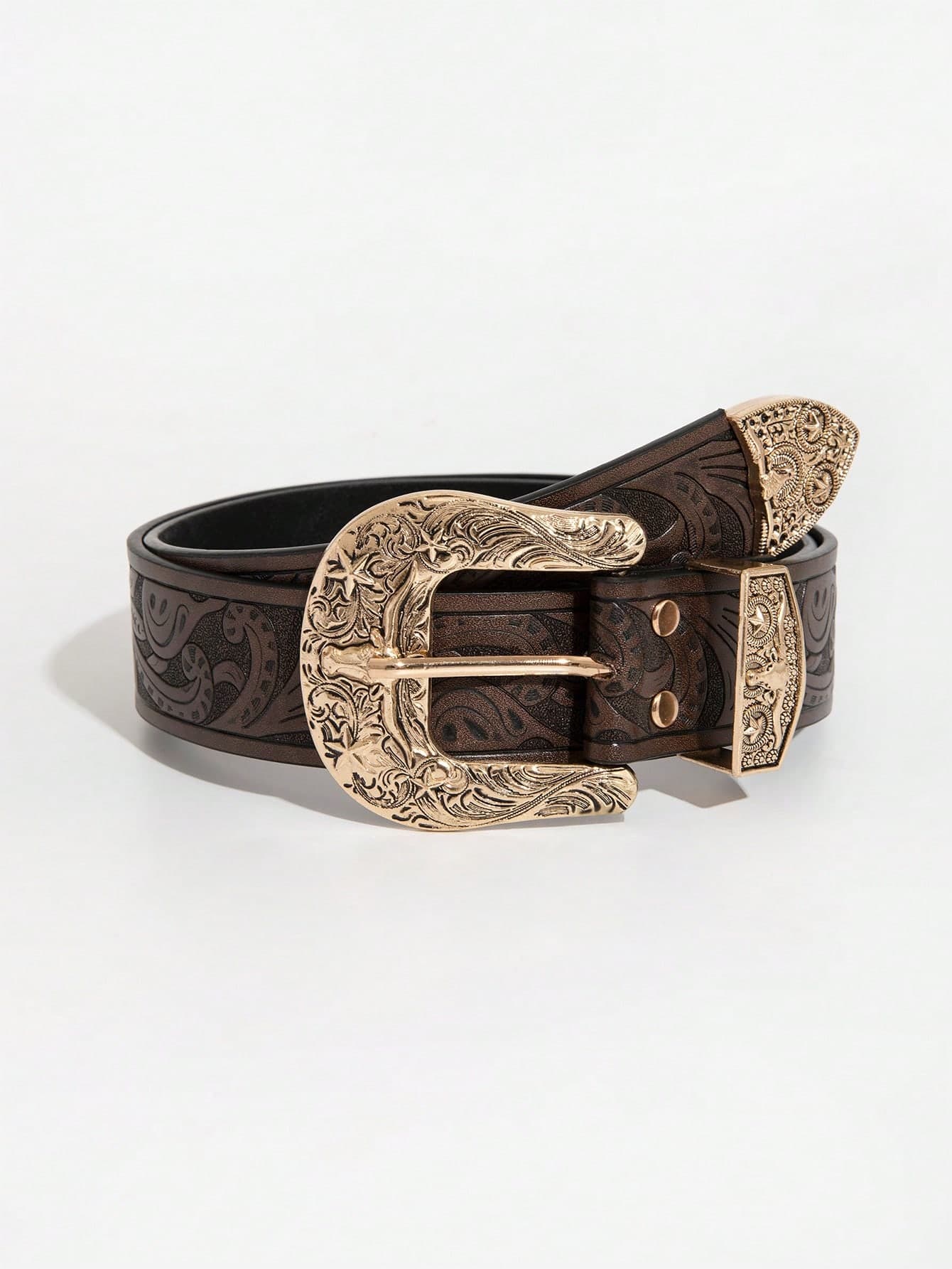 1pc Vintage Western Style Coffee-Color Metal Bull Head & Dragon Embossed PU Leather Belt, Suitable For Daily Wear Summer, School Fall, Autumn