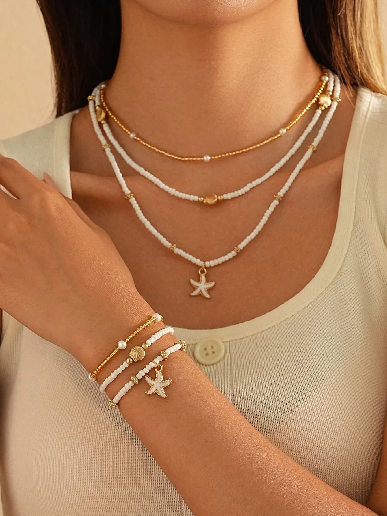 6/3pcs Bohemian Style Layered Necklace And Elastic Cord Bracelet Set, Decorated With Beaded Starfish, Seashell And Pearl - Adjustable - Perfect For Beach, Vacation, Party - Women Summer Jewelry Accessories
