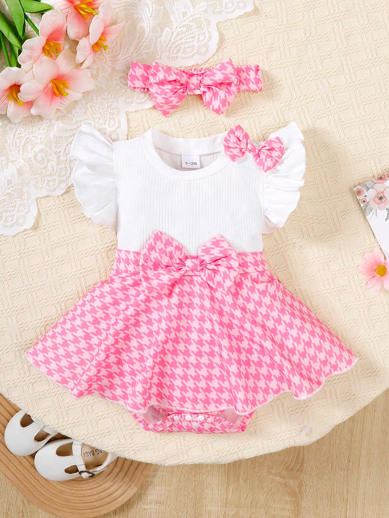 Baby Girl French Elegant 2pcs Set: Pink Houndstooth Bodysuit + White Cap Sleeve + Headband, 0-24 Months Knitted Striped Outfit For Daily Wear, Photo Shoot, Summer